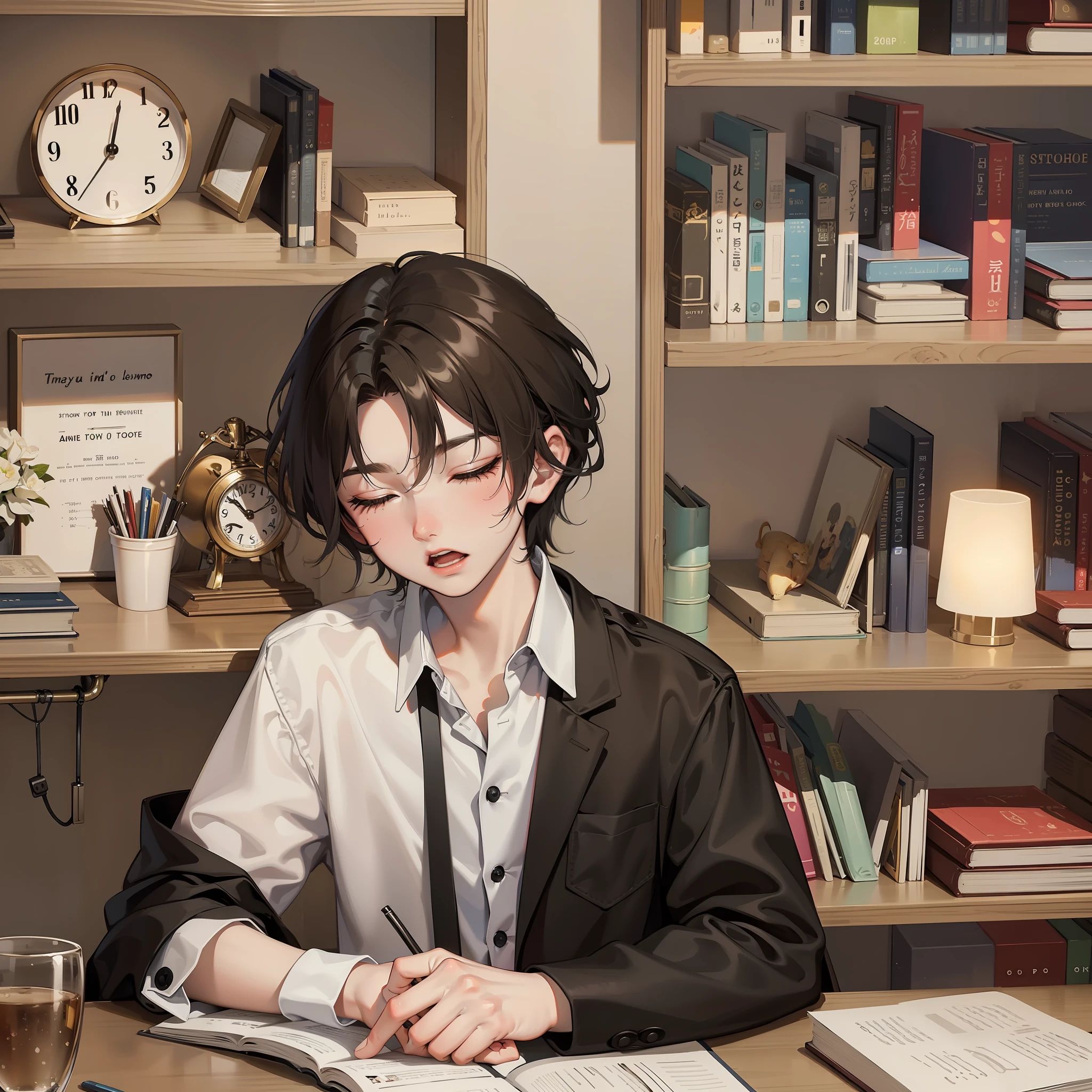I'm a boy and a senior in high school, but I just want to sleep. With books and stationery in the background, I sat at my desk yawning, my eyes closed, my head in my hands, my expression exhausted, and the clock showing that the current time was ten o'clock in the evening.