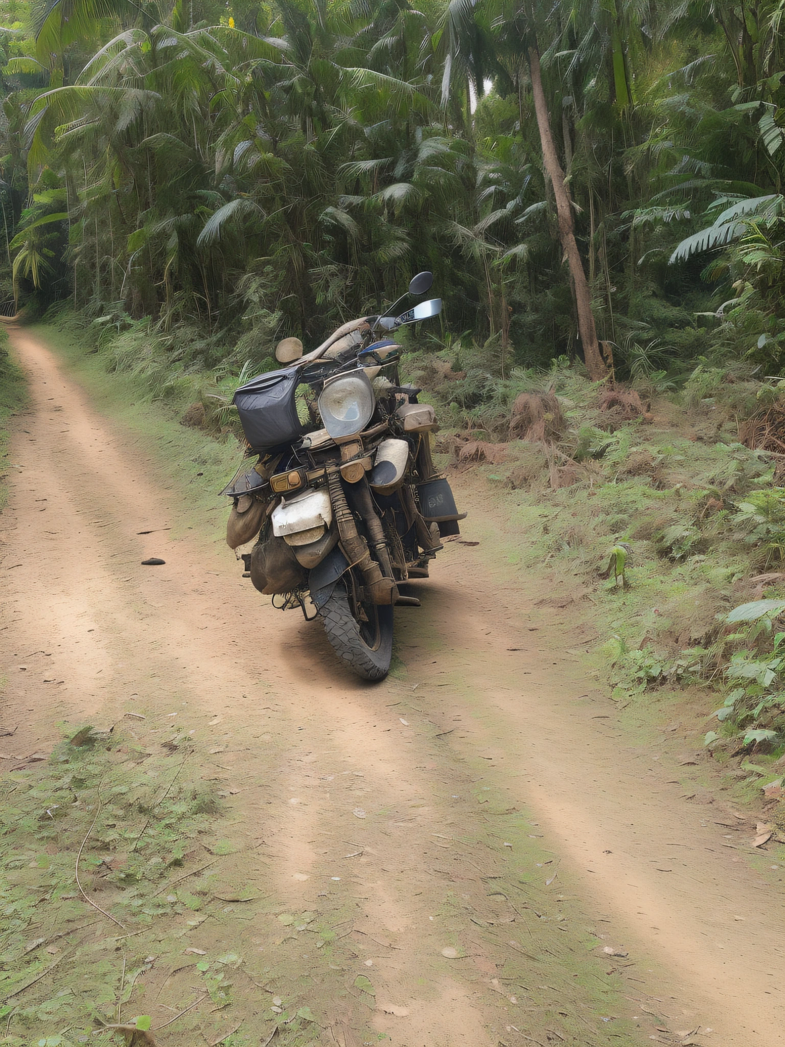 there is a motorcycle parked on a dirt road in the woods, sri lankan mad max style, touring, jungles in the background, in jungle forest !!!, photo taken from far, rear shot, one motorbike in center of frame, without helmet, motorbike, rear-shot, looking sideway, taken with the best dlsr camera, jungle in background
