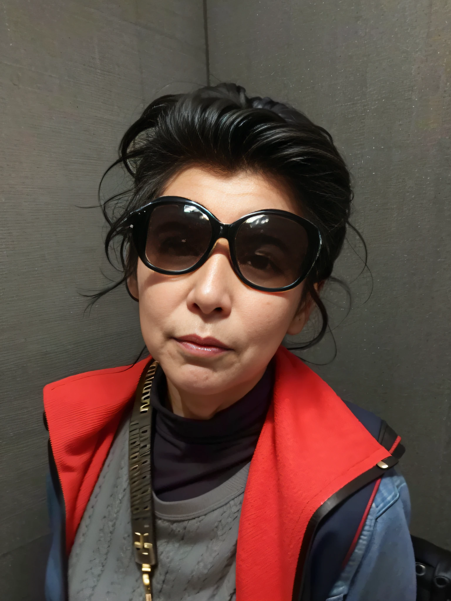 There is a fifty-year-old woman with a beautiful face wearing sunglasses, looking at the camera, a close-up of her face. Super detailed hair.