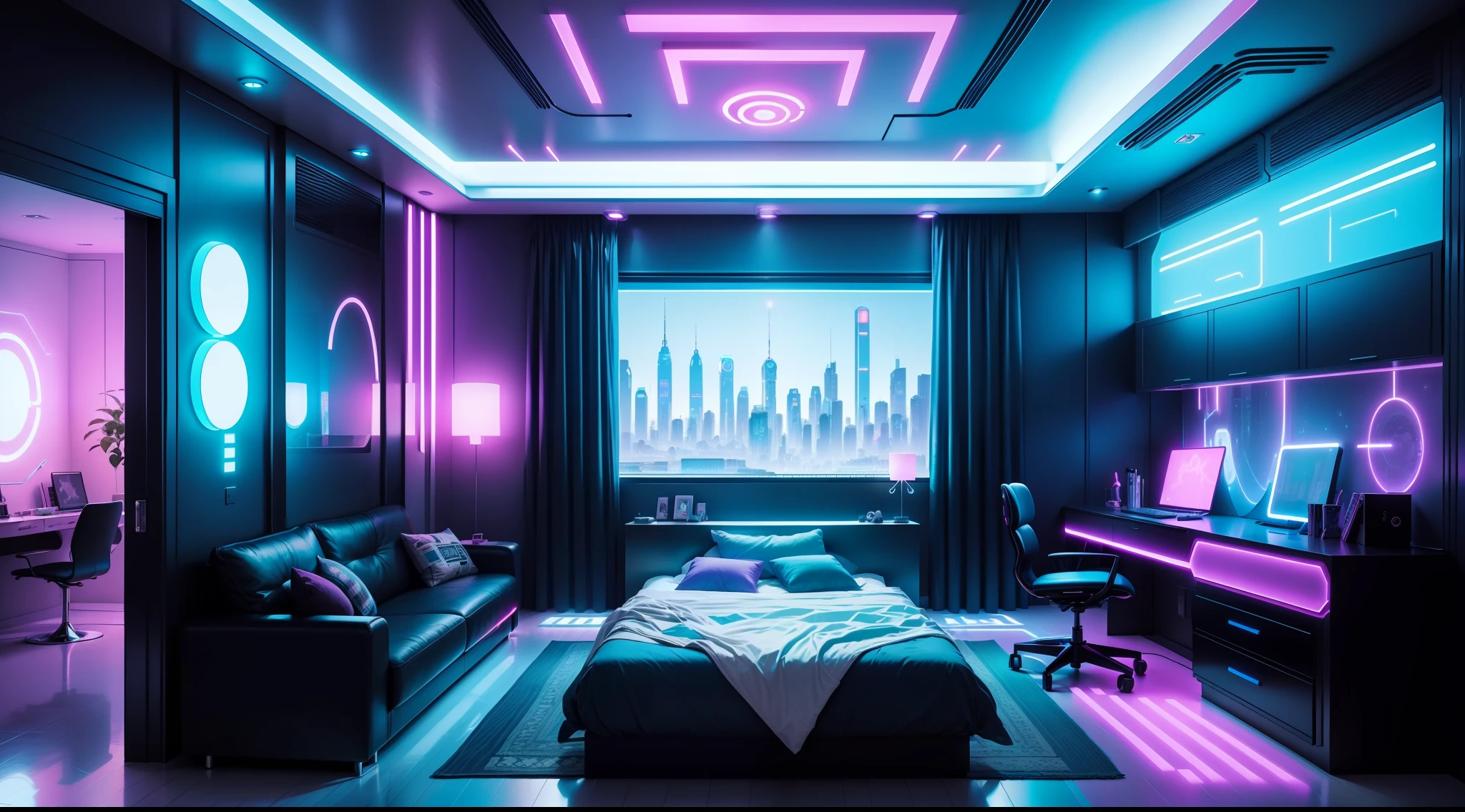 there is a bedroom with a bed and a chair in it, futuristic room, futuristic room background, cozy 9 0 s bedroom retrofuturism, futuristic decor, retro futuristic apartment, futuristic interior, cyberpunk ager bedroom, galaxy themed room, futuristic decoration, cyberpunk childrens bedroom, cyberpunk apartment, futuristic ambiance, the cyberpunk apartment, in a cyberpunk themed room, futuristic looking living room