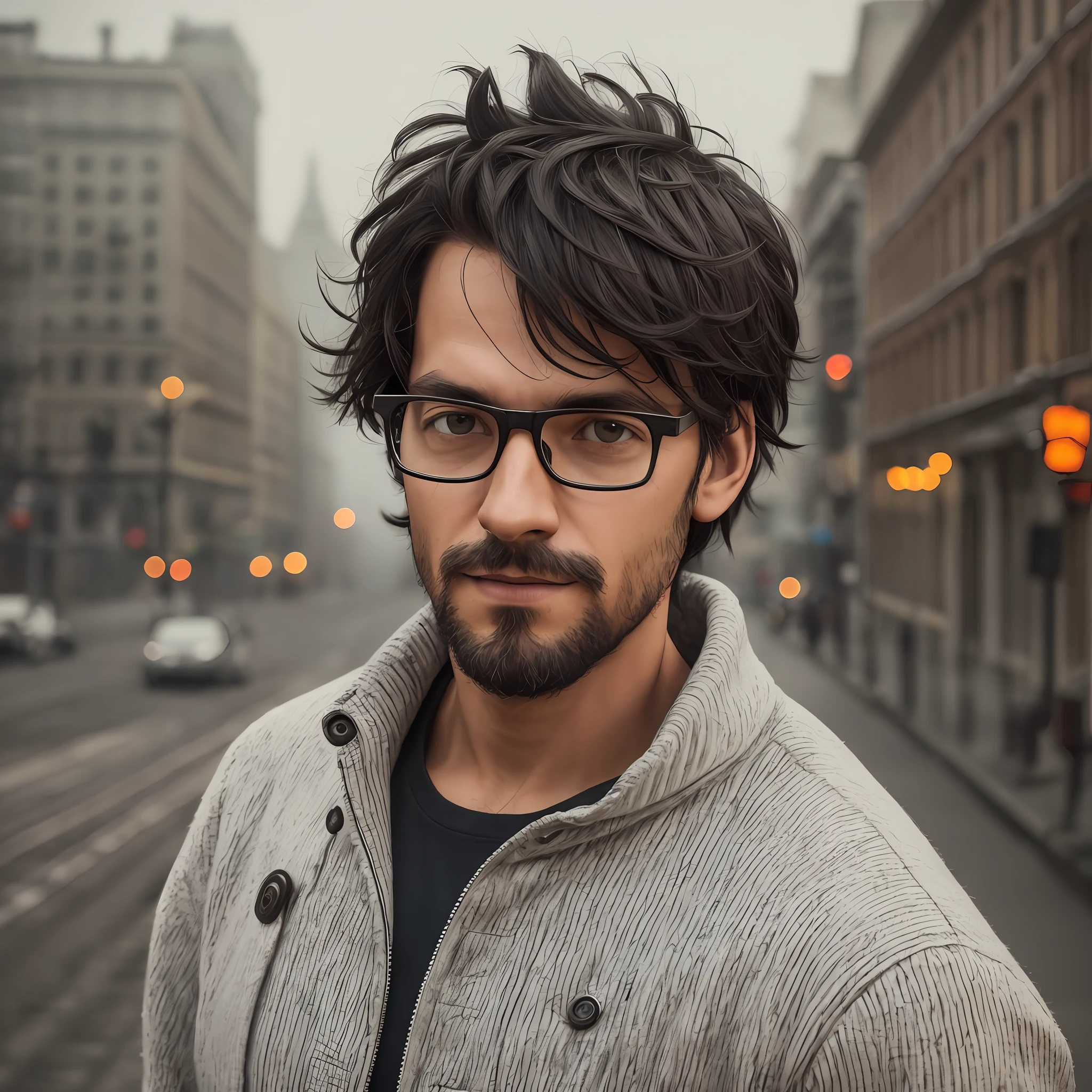 1 man, European, russia, black hair, hipster, Programmer, look at view, 30 years, happy, selfie, ((tired look)), glasses, coffee, highly detailed, more details, cinematic atmosphere, fog, precise correct anatomy, dynamic lighting, post-processing, global illumination, detailed and intricate environment, modelshoot style, 8K UHD