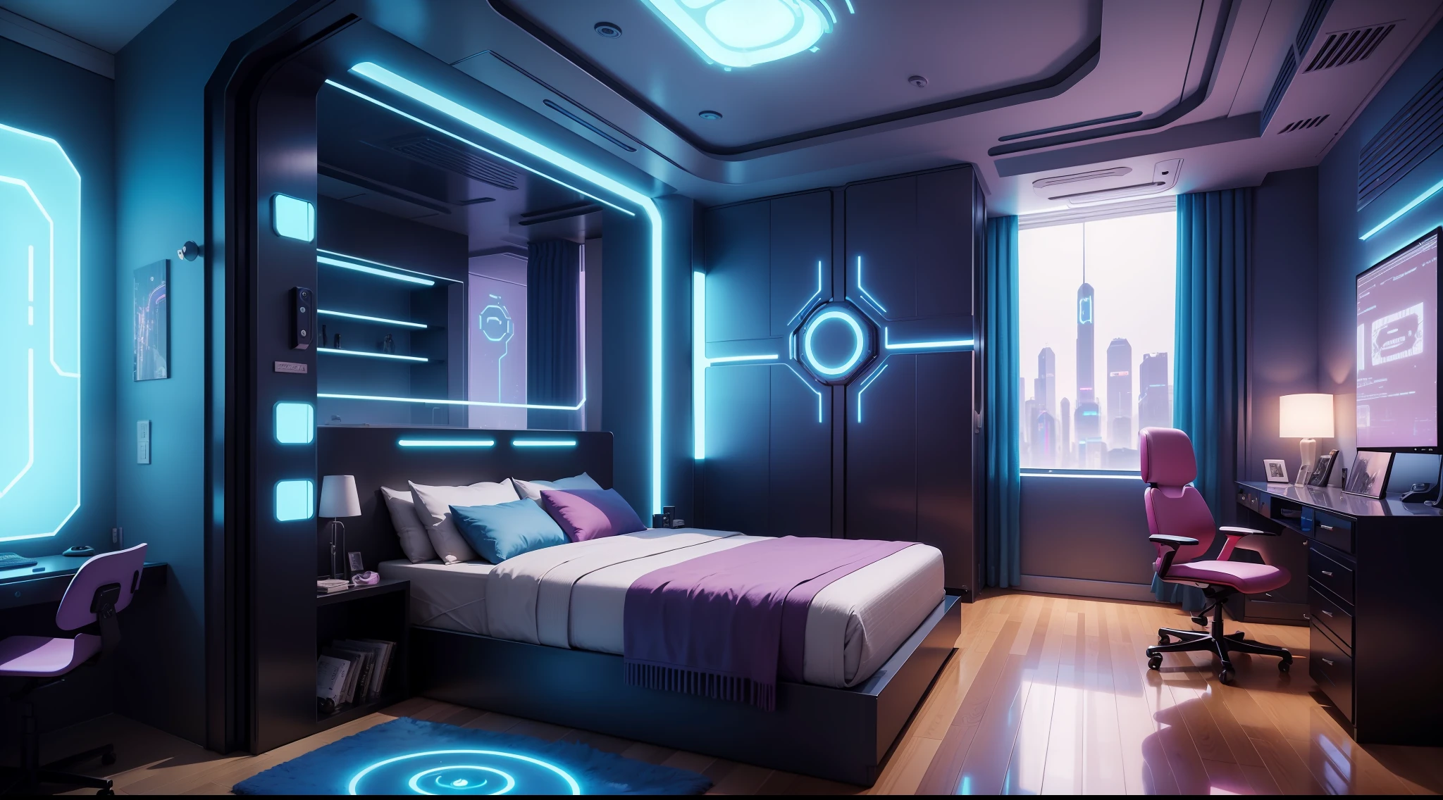 there is a bedroom with a bed and a chair in it, futuristic room, futuristic room background, cozy 9 0 s bedroom retrofuturism, futuristic decor, retro futuristic apartment, futuristic interior, cyberpunk teenager bedroom, galaxy themed room, futuristic decoration, cyberpunk childrens bedroom, cyberpunk apartment, futuristic ambiance, the cyberpunk apartment, in a cyberpunk themed room, futuristic looking living room