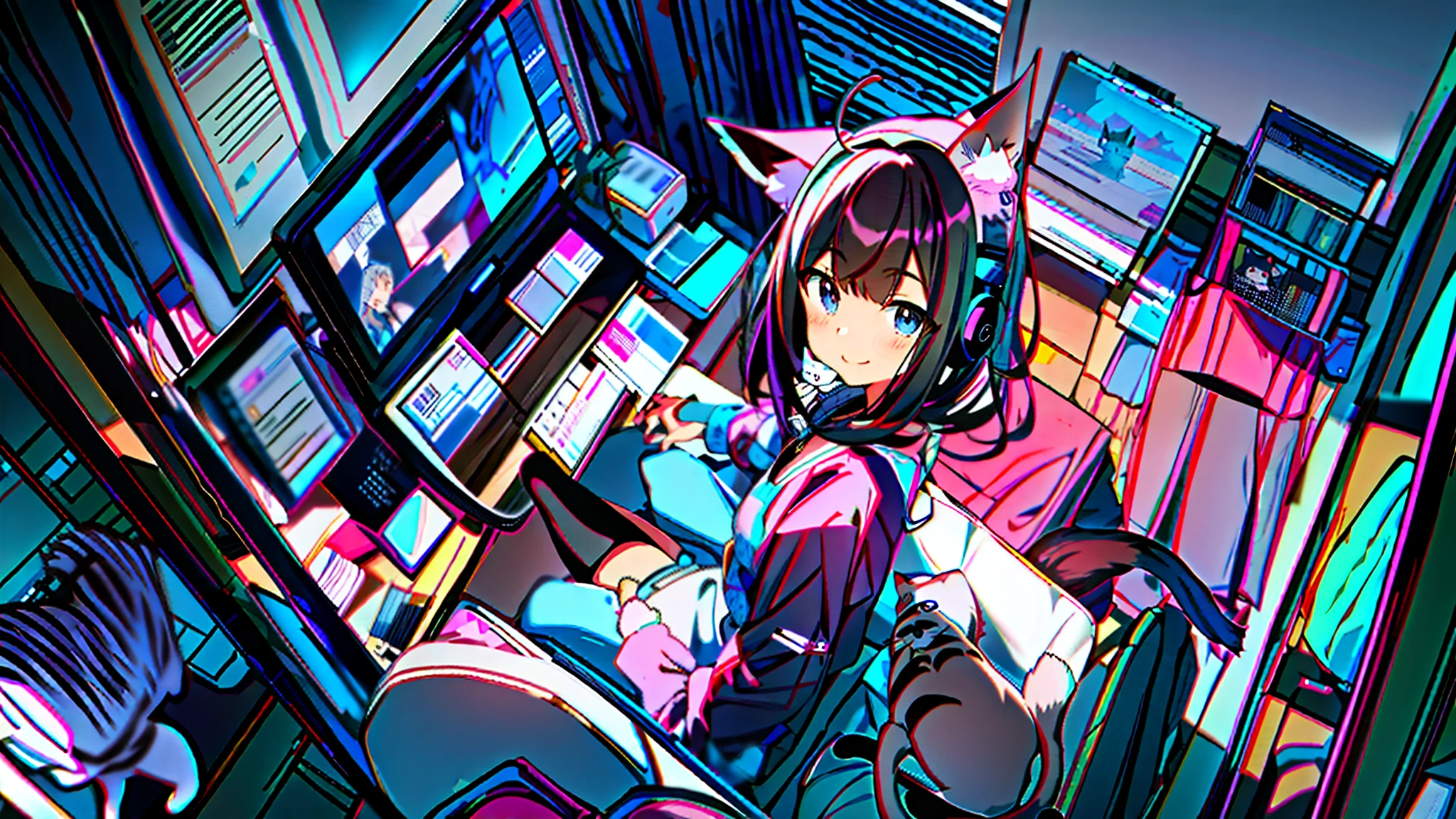 anime girl with headphones and a cat in a room, best anime 4k konachan wallpaper, anime style 4 k, anime art wallpaper 8 k, 4k anime wallpaper, anime art wallpaper 4 k, anime art wallpaper 4k, anime wallpaper 4 k, anime wallpaper 4k, anime girl with cat ears, 4 k manga wallpaper, by Kamagurka