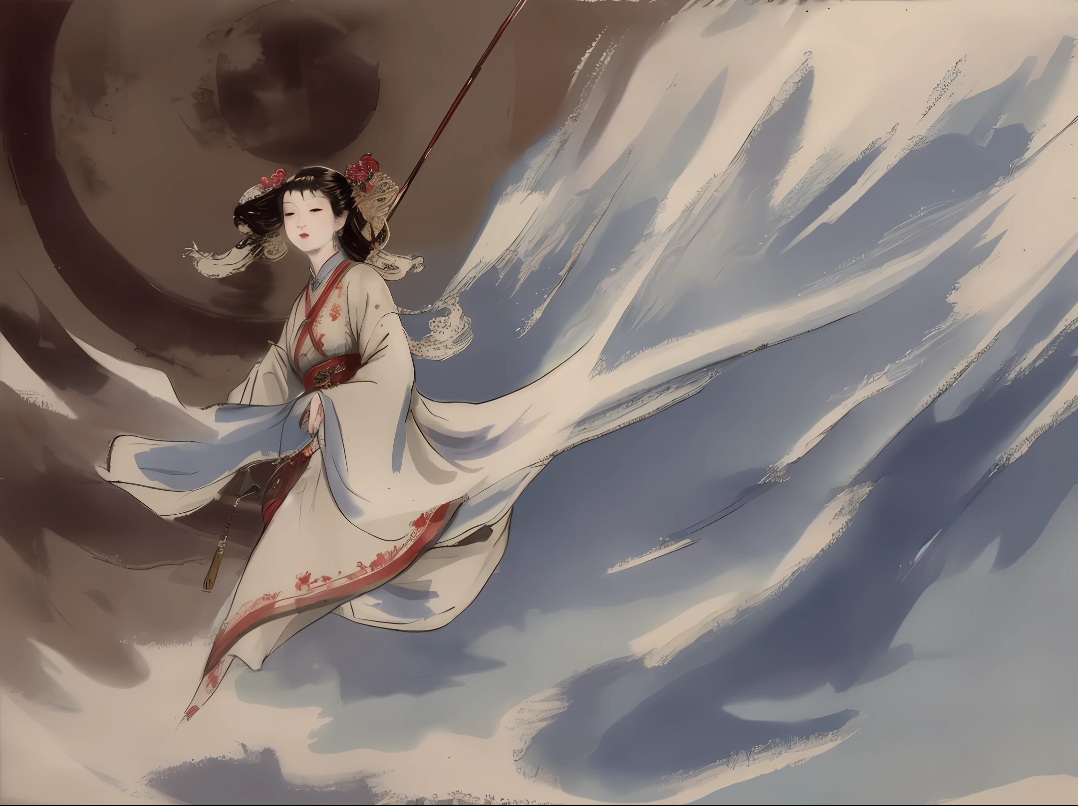 chinese lady, beautifull, with traditional chinese cloth, using hairpin, oil painting style, playing traditional chinese music, walking on the cloud with moon background, amazing details, classic style painting