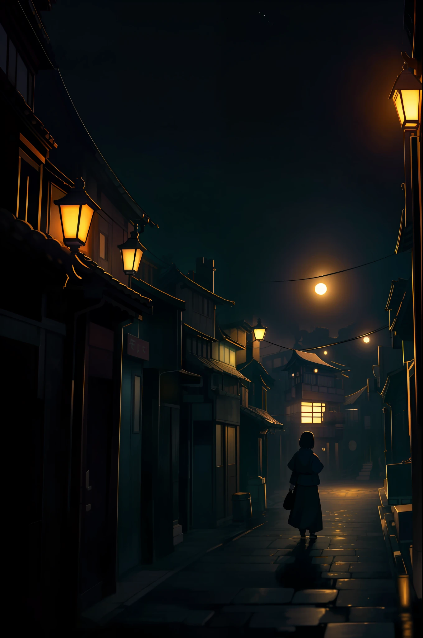 Full moon night, night scene of city street, one person walking on the street, city landscape in Spirited Away style, anime background art, dramatic lighting, yellow pleasant light, concept art, gloomy. Spirited Away, Miyazaki style, town at night, city at night, 8k resolution, anime landscape concept art, very detailed, anatomically correct, calm night. Digital illustration, digital painting,