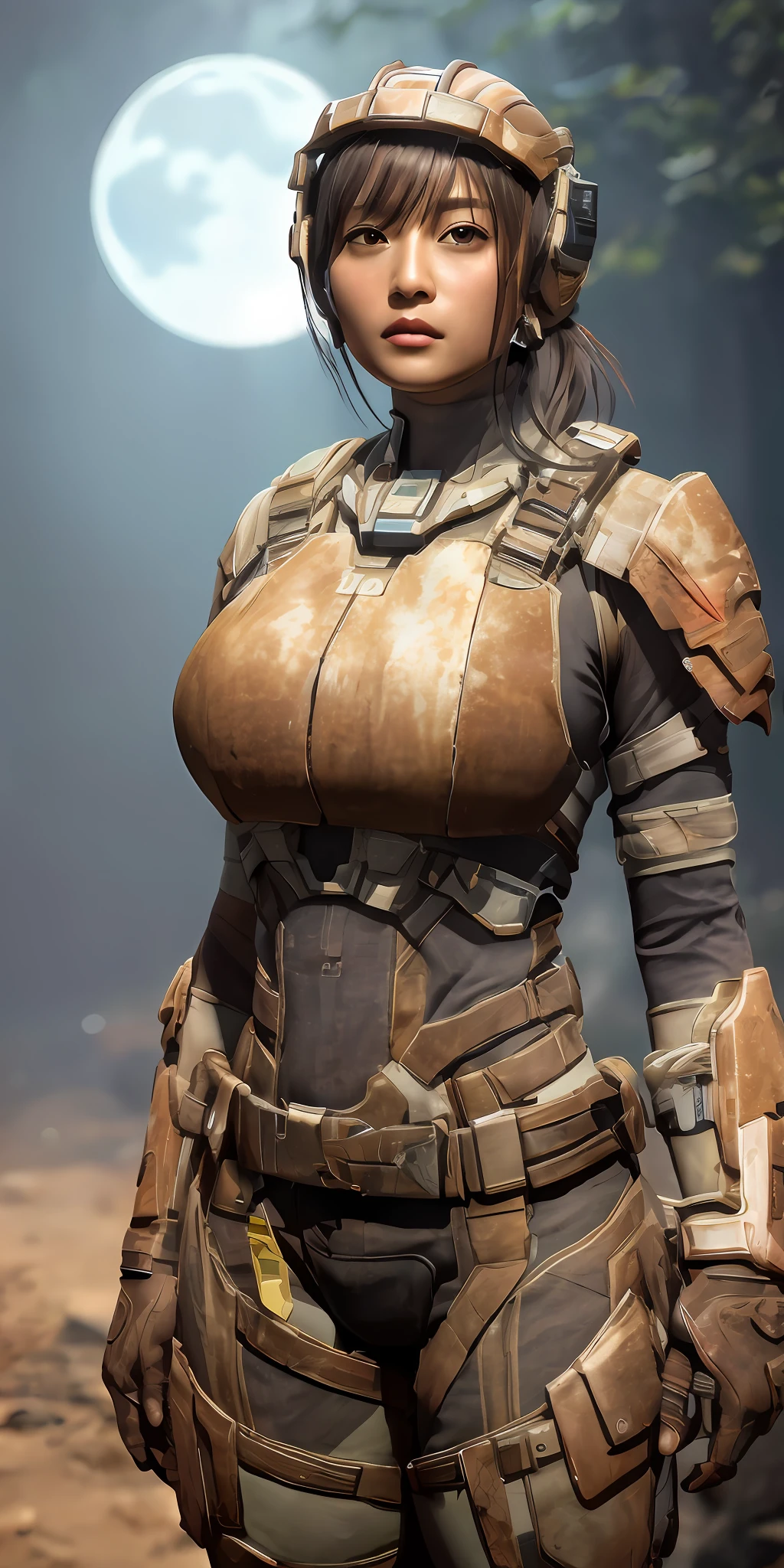 1 girl in dead space suit without helmet stands imposing in a USG Ishimura. (gigantic breasts:1.2), perfect body: 1.4, Slim abdomen: 1.3 , Moonlight highlights your muscles and scars. The scenery is lush and mysterious, with futuristic tech and surroundings. The camera details everything, a warrior woman, old and dirty copper armor, full body armor, This official art Unreal 8k wallpaper is a super detailed, beautiful and aesthetic masterpiece, the best quality, beautiful face,