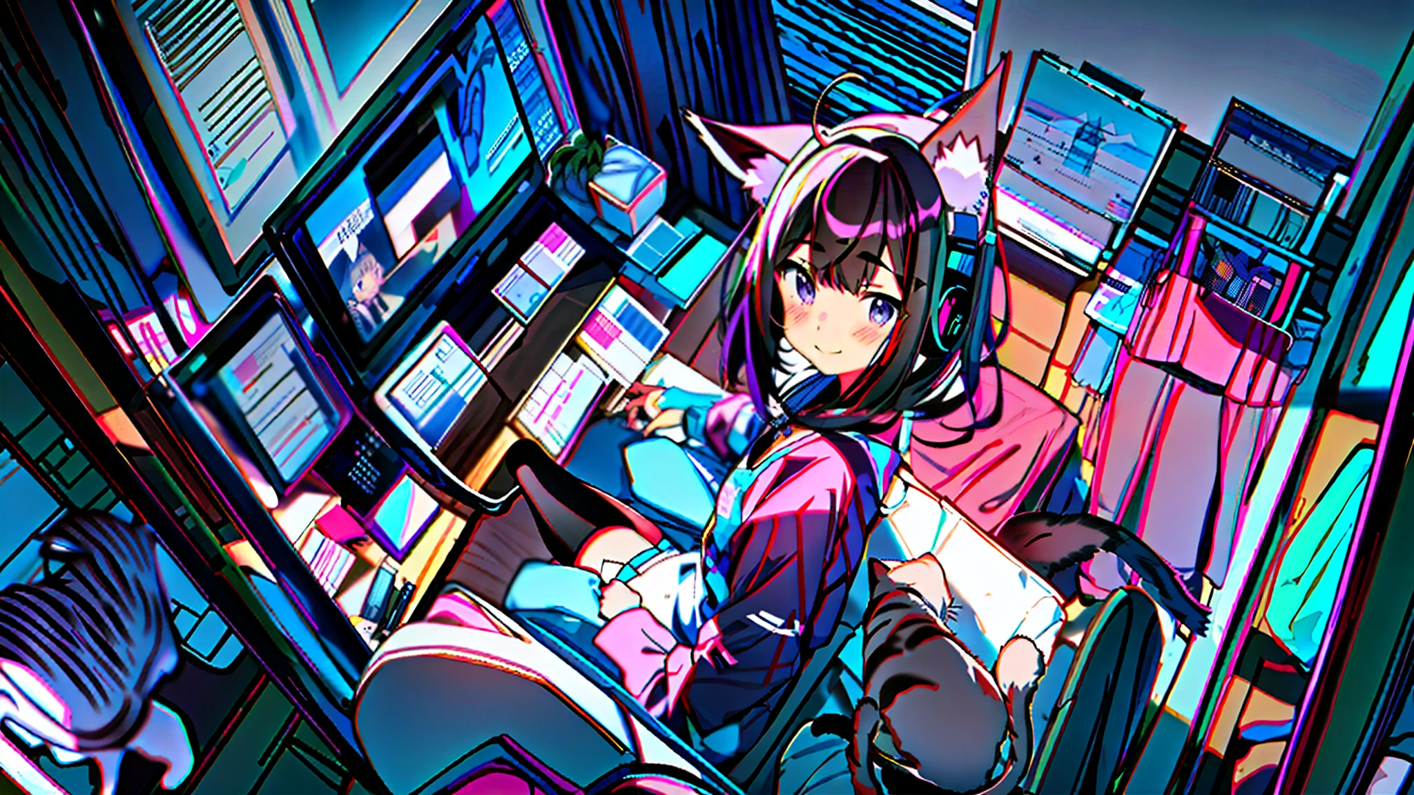 anime girl with headphones and a cat in a room, best anime 4k konachan wallpaper, anime style 4 k, anime art wallpaper 8 k, 4k anime wallpaper, anime art wallpaper 4 k, anime art wallpaper 4k, anime wallpaper 4 k, anime wallpaper 4k, anime girl with cat ears, 4 k manga wallpaper, by Kamagurka