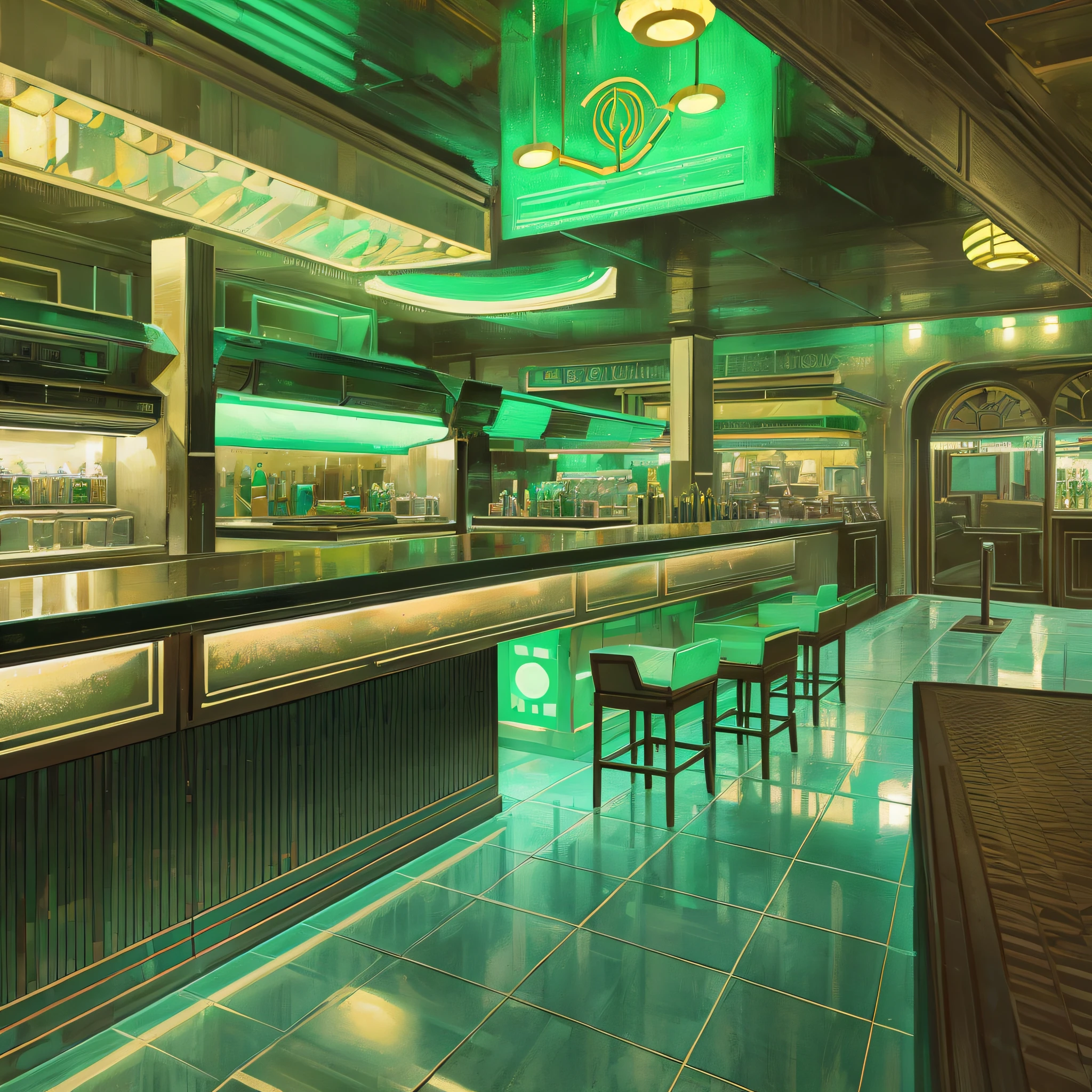 Hyperrealistic full bar environment scene, set in the year 1937, no people in the scene, only architecture of the time, art deco, green