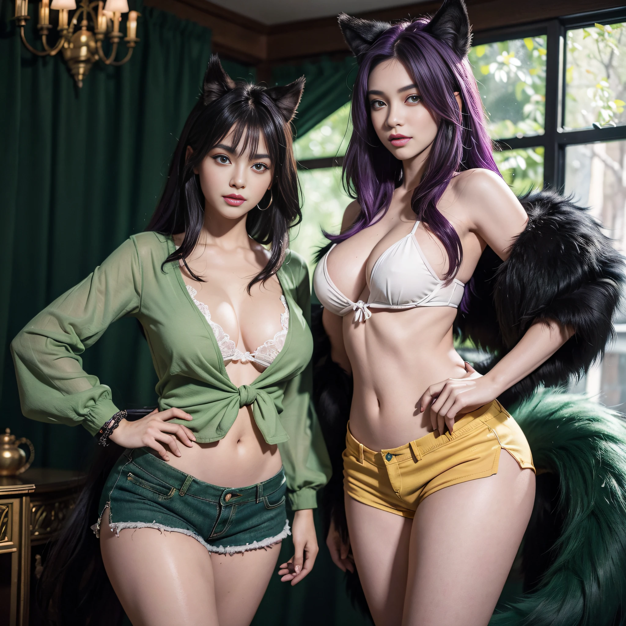 It is a super-detailed and stunningly beautiful CG illustration of a sultry green Antro wolf with luscious purple hair, sharp green eyes, a red nose, and a face standing tall in shorts. With gorgeous green fur and yellow accents on the belly, tail and fur, this animalistic beauty exudes sensuality with every pose.