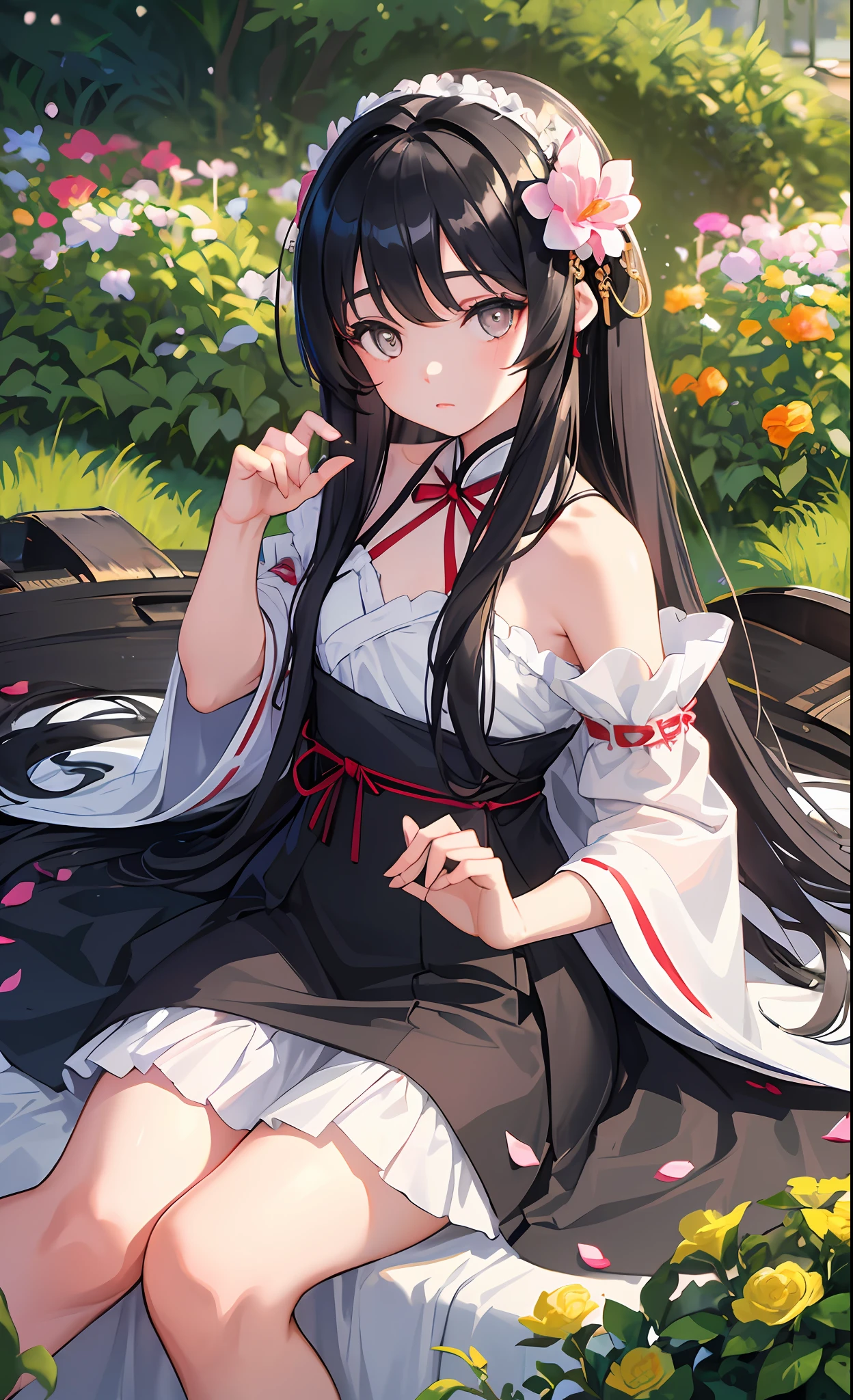 (little girl: 1.5), lace, ribbon, Hanfu, (masterpiece, side light, delicate and beautiful gray eyes: 1.2), masterpiece, realistic, glowing eyes, shiny hair, black hair, long hair, shiny skin, solo, awkward, tube top, delicate, beautiful, garden, flowers, fluttering petals,
