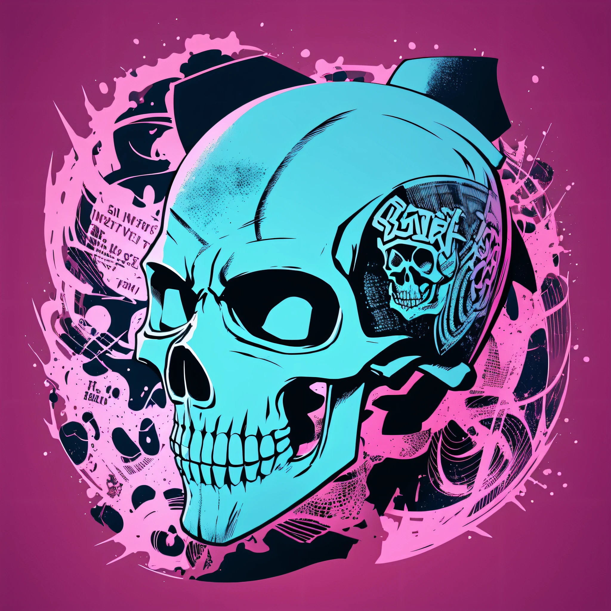skull, skateboard, 80's vector image, T-shirt design, isolated, black background, cyanoe pink illustration only with letters "TDR" --auto --s2