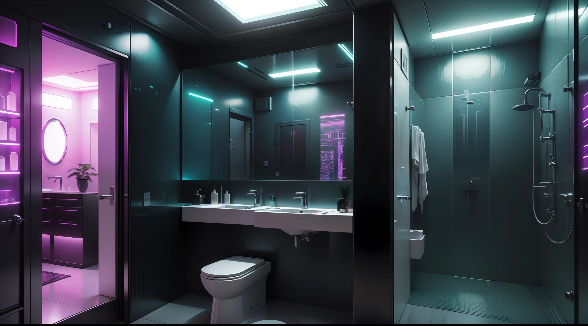 there is a bathroom with a glass shower and a sink, cyberpunk apartment, cyberpunk ikea, futuristic. game cg, the cyberpunk apartment, in a cyberpunk themed room, futuristic room, futuristic decor, futuristic room background, cgsociety 9, cyberpunk childrens bedroom, retro futuristic apartment, futuristic interior, futuristic ambiance, gaming toilet, cyberpunk style , hyperrealistic, futuristic design