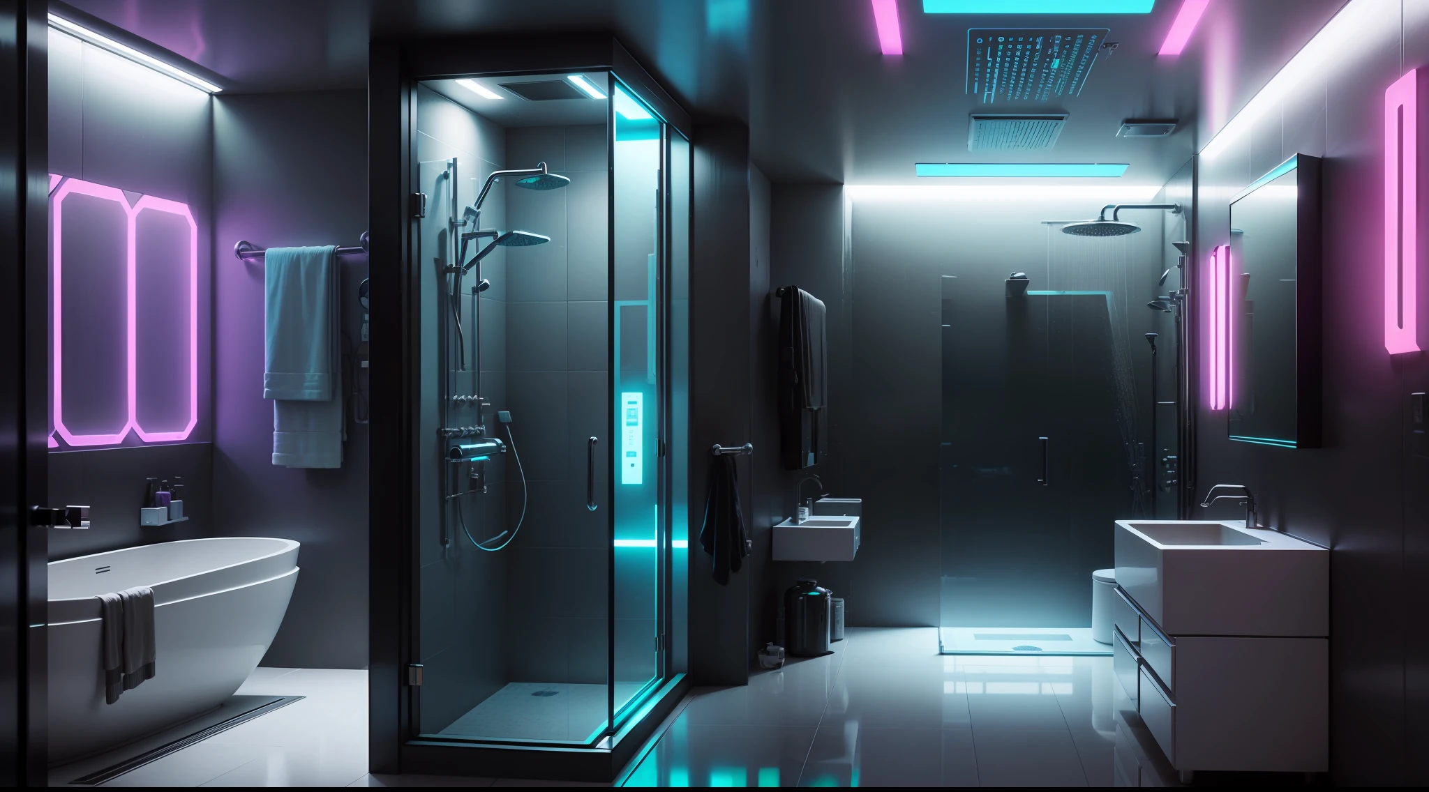there is a bathroom with a glass shower and a sink, cyberpunk apartment, cyberpunk ikea, futuristic. game cg, the cyberpunk apartment, in a cyberpunk themed room, futuristic room, futuristic decor, futuristic room background, cgsociety 9, cyberpunk childrens bedroom, retro futuristic apartment, futuristic interior, futuristic ambiance, gaming toilet, cyberpunk style ， hyperrealistic, futuristic design