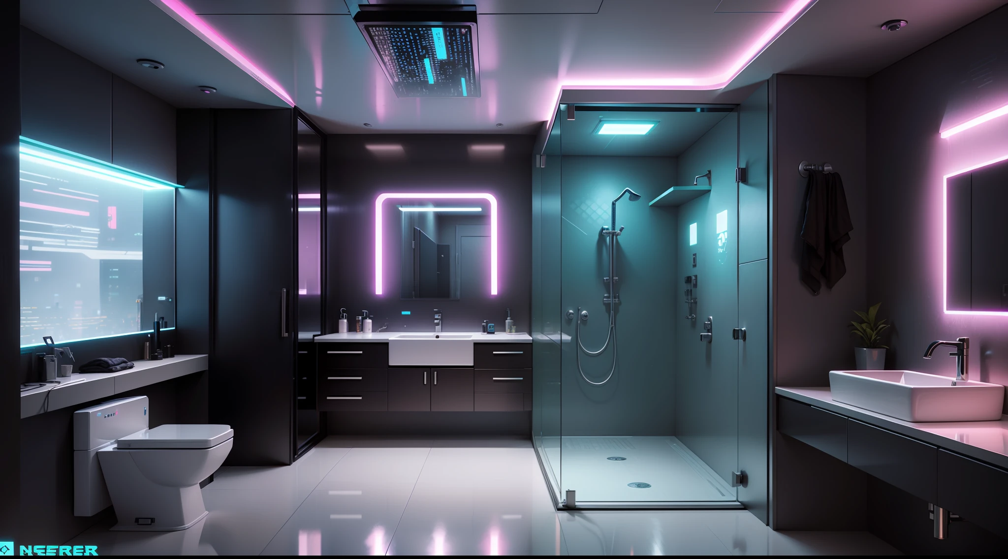 there is a bathroom with a glass shower and a sink, cyberpunk apartment, cyberpunk ikea, futuristic. game cg, the cyberpunk apartment, in a cyberpunk themed room, futuristic room, futuristic decor, futuristic room background, cgsociety 9, cyberpunk childrens bedroom, retro futuristic apartment, futuristic interior, futuristic ambiance, gaming toilet, cyberpunk style ， hyperrealistic, futuristic design