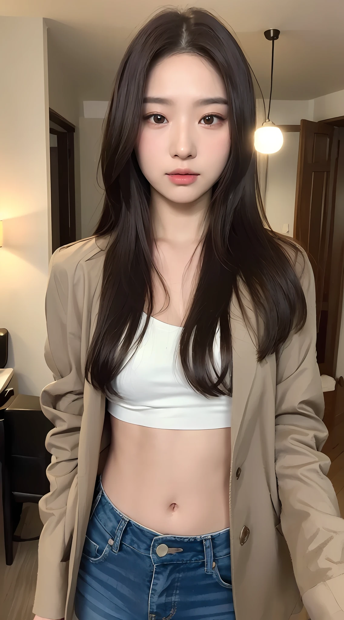 ((Realistic lighting, Best quality, 8K, Masterpiece: 1.3)), Clear focus: 1.2, 1girl, Perfect body beauty: 1.4, Slim abs: 1.1, ((dark brown hair)), (Jacket, tie: 1.4), (Indoor, night: 1.1), Bed, ultra-fine face, fine eyes, double eyelids, flushed complexion,