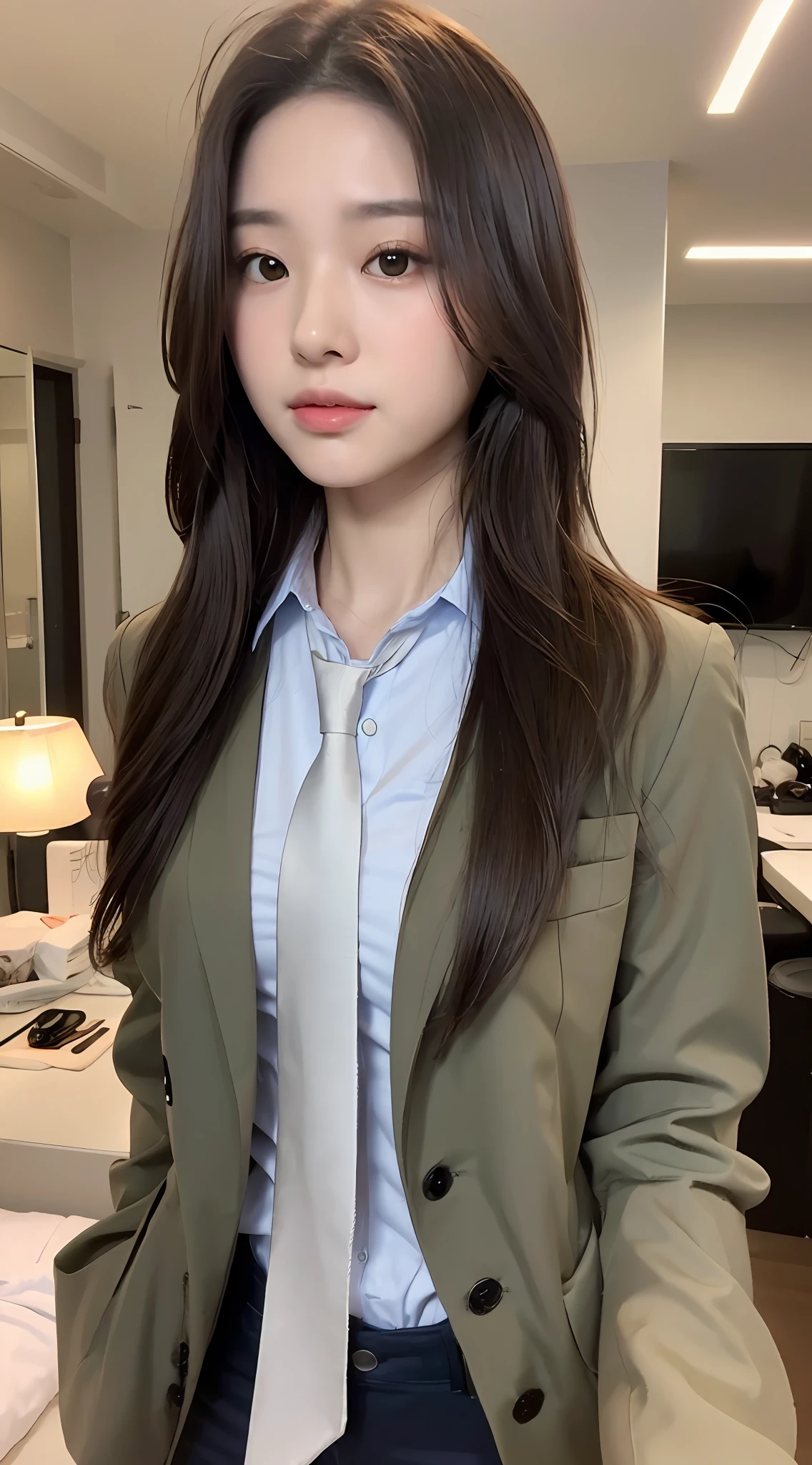 ((Realistic lighting, Best quality, 8K, Masterpiece: 1.3)), Clear focus: 1.2, 1girl, Perfect body beauty: 1.4, Slim abs: 1.1, ((dark brown hair)), (Jacket, tie: 1.4), (Indoor, night: 1.1), Bed, ultra-fine face, fine eyes, double eyelids, flushed complexion,