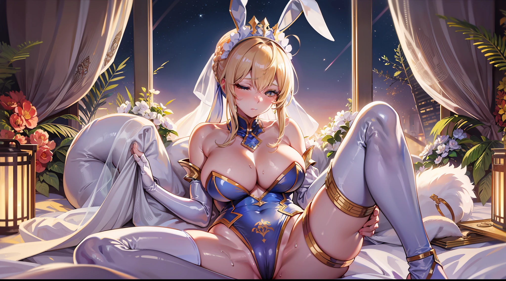 1 adult woman, artoria pendragon(ruler)(Fate Grand Order), huge breasts, erect tits, white skin, beautiful belly button, very wet beautiful glamorous body, long high pony tail blonde hair, 2 human hands, five fingers, white metallic gold bunny suit ,bunny headband , sleeping style, spread legs, crotch groove, overall view, very luxury hotel, very luxury bed room, large windows, midnight, night view, Masterpiece, UHD, highres, best quality,
