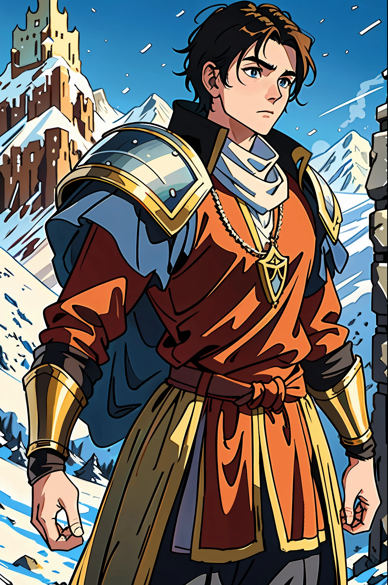 a young man with medium hair at the height of his neck wearing a medieval battle costume as the costume of a fighter, in the background a fortress on an icy mountain
