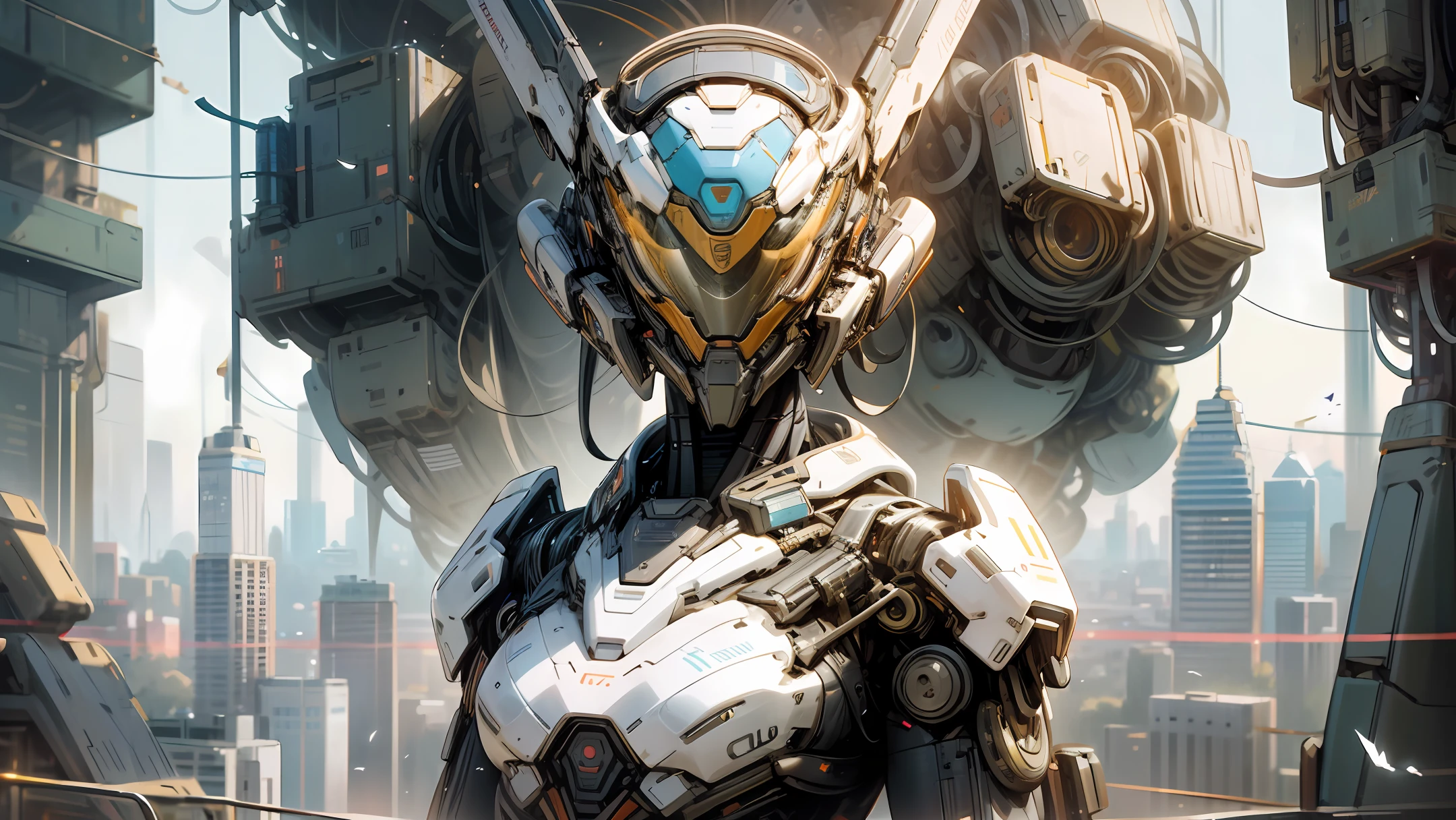 A humanoid-looking robot with an incredibly realistic face of a young woman. Its body is detailed with visible mechanical components, which gives it a futuristic and fascinating look. The robot is holding a bird delicately in his hand, in a peaceful and calm environment. The background of the image shows a futuristic city with skyscrapers and bright lights. The robot has a peaceful appearance and its main focus is to show its realistic face and its connection with nature. This image is made in the form of a digital illustration, with a softly detailed style and a mix of warm and cool colors to highlight the futuristic atmosphere. --auto --s2