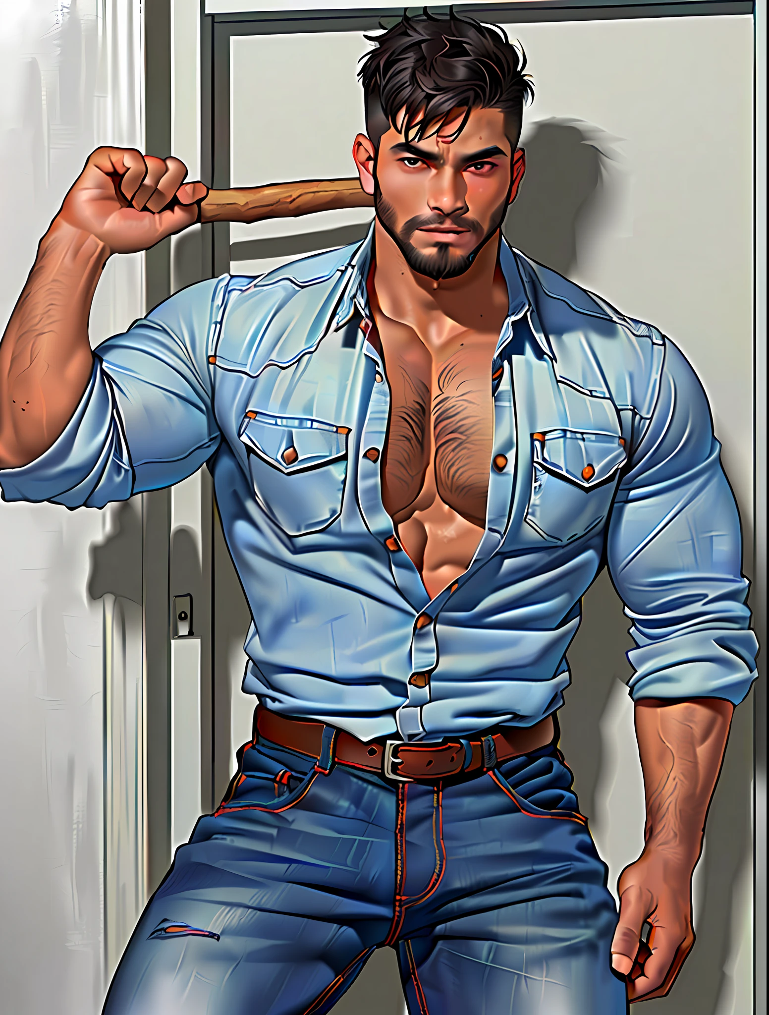 parameters: topless male, solo, (young), Indonesian guy, semi-realistic illustration of a lumberjack, dark skin, sweat, beard, body hair, small waist, broad shoulders, chisled jawline, asthetic muscular physique, open shirt, open jeans, blue flannel shirt, huge crotch bulge, masculine, inside stable's, masterpiece, best quality, high-res, medium full-body shot, looking at viewer, by chunie and Taran Fiddler, naked, cowboy, full-quarter body shot,