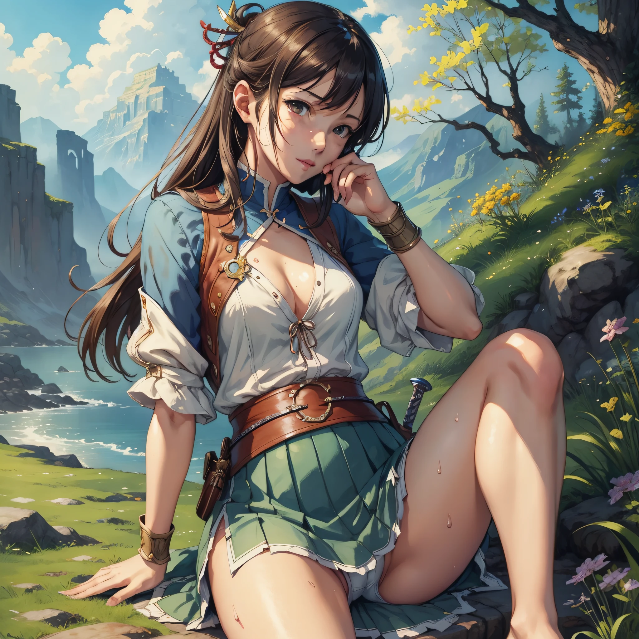 Top quality. Painting by Akihiko Yoshida. Illustration. Character design. Woman. A world of swords and sorcery. Summer. Sweat. Miniskirt. Sitting and opening crotch. --auto --s2