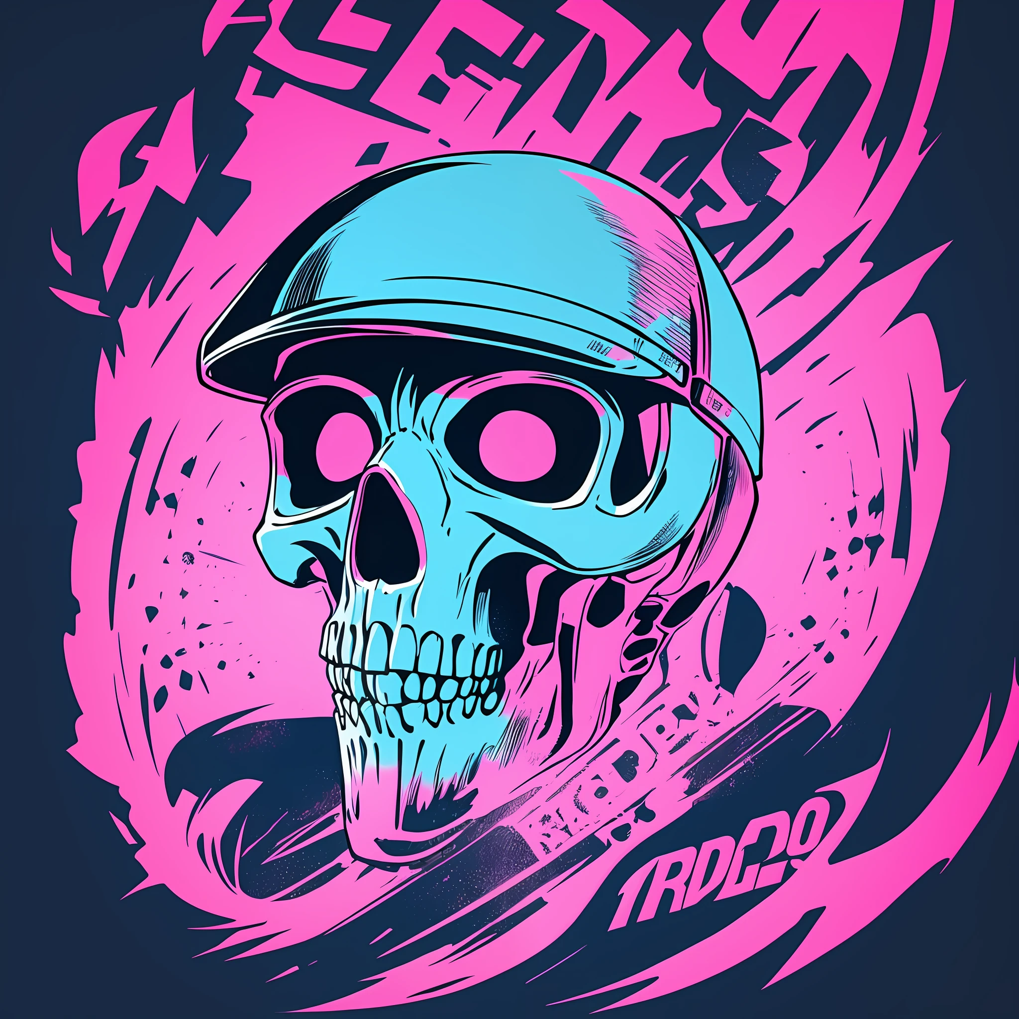 skull, skateboard, 80's vector image, T-shirt design, isolated, black background, cyanoe pink illustration only with letters "TDR" --auto --s2