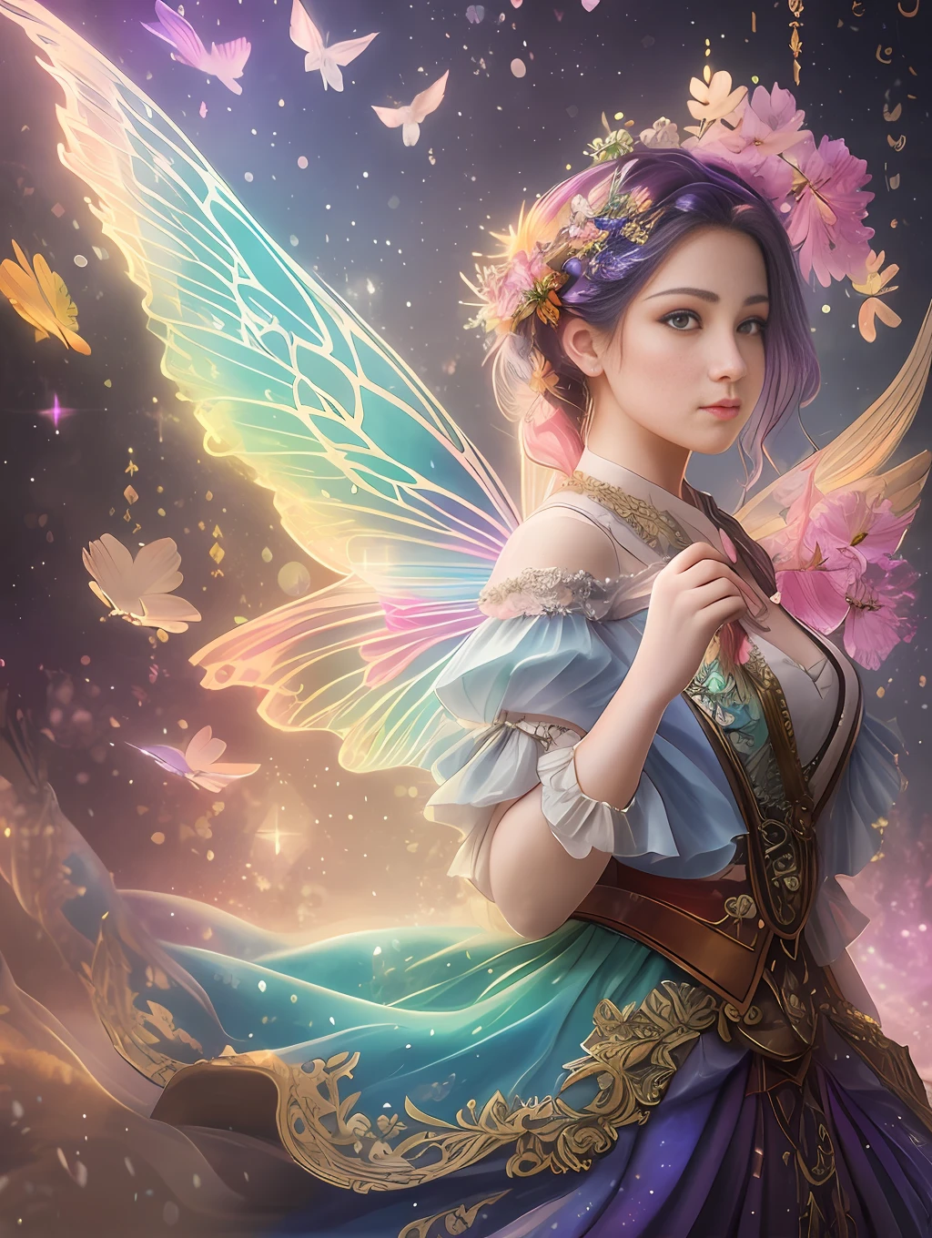 fine art masterclass splash spray trickle daubs of rainbow opaline Prisma Sakuraoil color,Steampunk celestial ethereal ghostly Fairy, HDR, ultra high-detail, centered, bokeh, lens flare, foggy dusk, bloom, light bloom, cinematic lighting, high dynamic range, depth of field, full pose