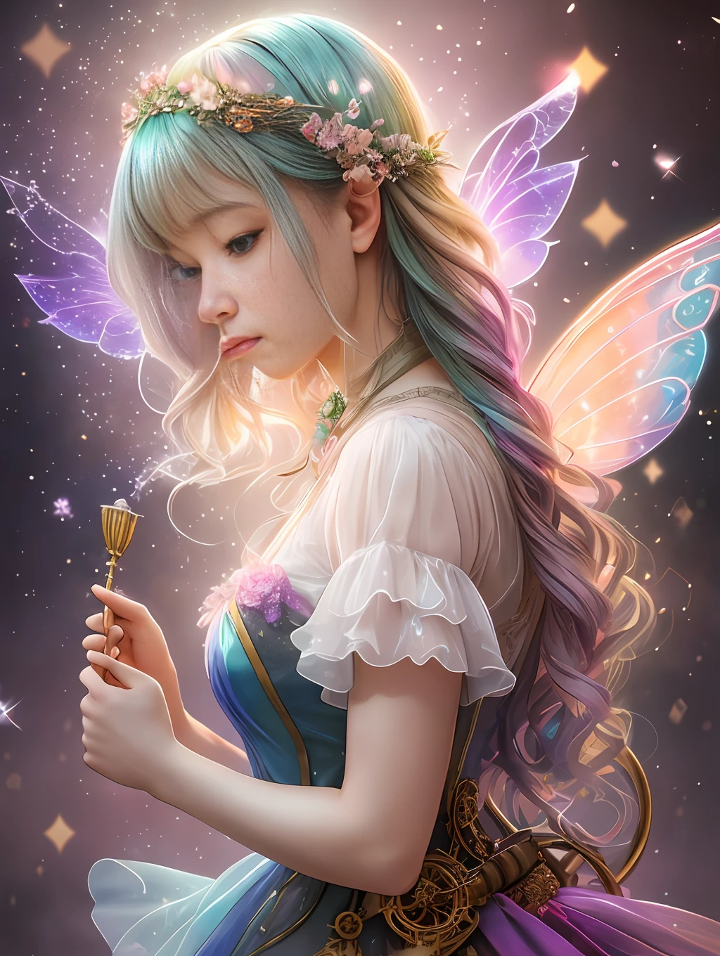 fine art masterclass splash spray trickle daubs of rainbow opaline Prisma Sakuraoil color,Steampunk celestial ethereal ghostly Fairy, HDR, ultra high-detail, centered, bokeh, lens flare, foggy dusk, bloom, light bloom, cinematic lighting, high dynamic range, depth of field, full pose