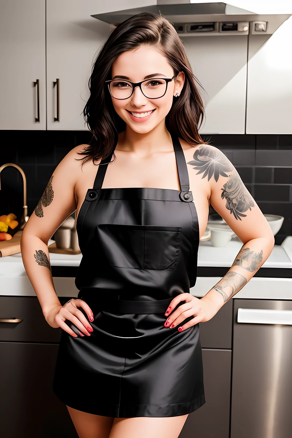 Beautiful 25yo female wearing naked apron, black leather apron, thin black-frame glasses, short silk-brown hair, white teeth smile happy face, tattoo, big breasted, cooking in the kitchen , soft lightning, deep shadow, beautiful photography