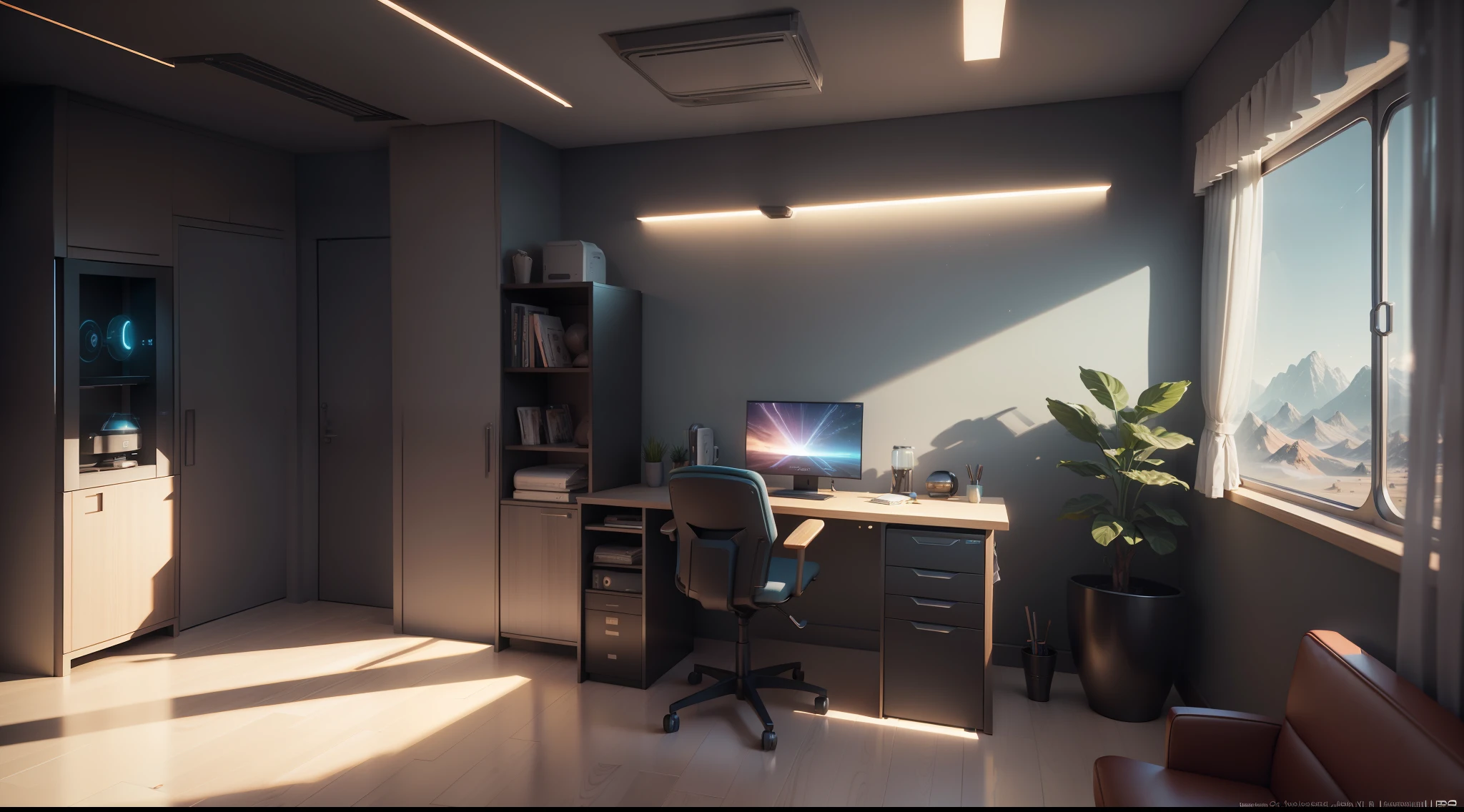 there is a computer desk with a chair and a vase in the corner, cgsociety 9, jessica rossier color scheme, retro futuristic apartment, futuristic. game cg, rendered in lumion pro, sci - fi interior, octane render : :, rendered in lumion, matte painting of steam machines, from a 2 0 1 9 sci fi 8 k movie