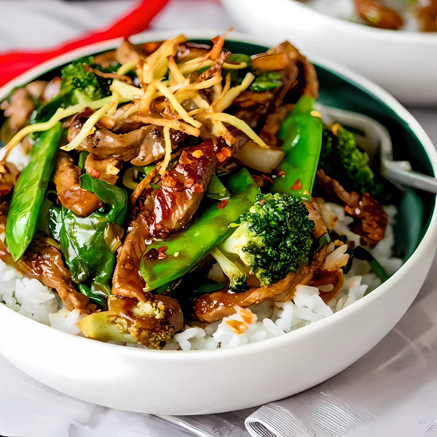 stir fried beef, broccoli, peas, on a bowl of rice