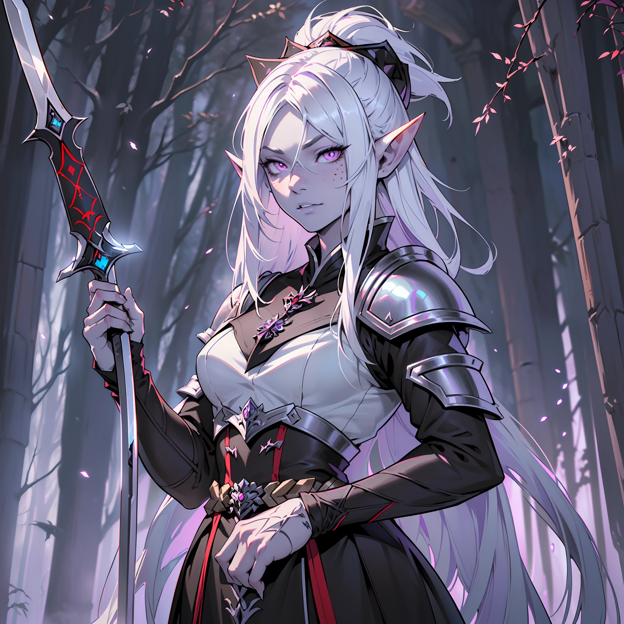 (extremely detailed 8k wallpaper:1.2), (best quality:1.2), (adventure and fantasy theme), profile (Paizo Pathfinder RPG character and Dungeons & Dragons), (((black elf race woman))), (((drow))), ((((asiatica))), young, beautiful, sexy, sharp focus, (subsurface scattering:1.1), award-winning photograph, ((Eastern Antipaladine Class:1.3)), ((half-body shot:1.1)), centered face, very long white hair, freckles on the face, white skin, pale skin, geisha paint on the face, bright lilac eyes:1.2, malicious expression, villainous, evil, wearing white medium armor, short sword in hand, (standing inside black forest:1.3), (very detailed background:1.2),dramatic lighting, sfw