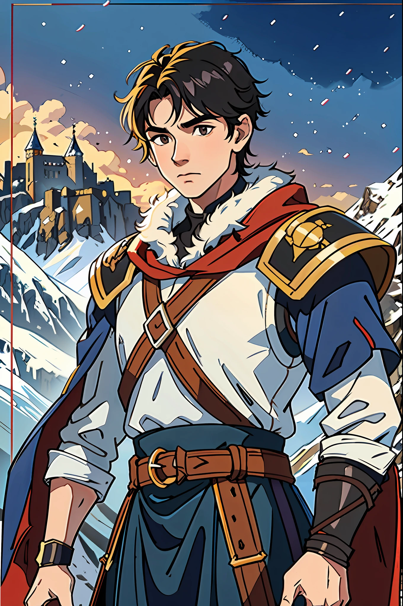 a young man with medium hair at the height of his neck wearing a medieval battle costume as the costume of a fighter, in the background a fortress on an icy mountain