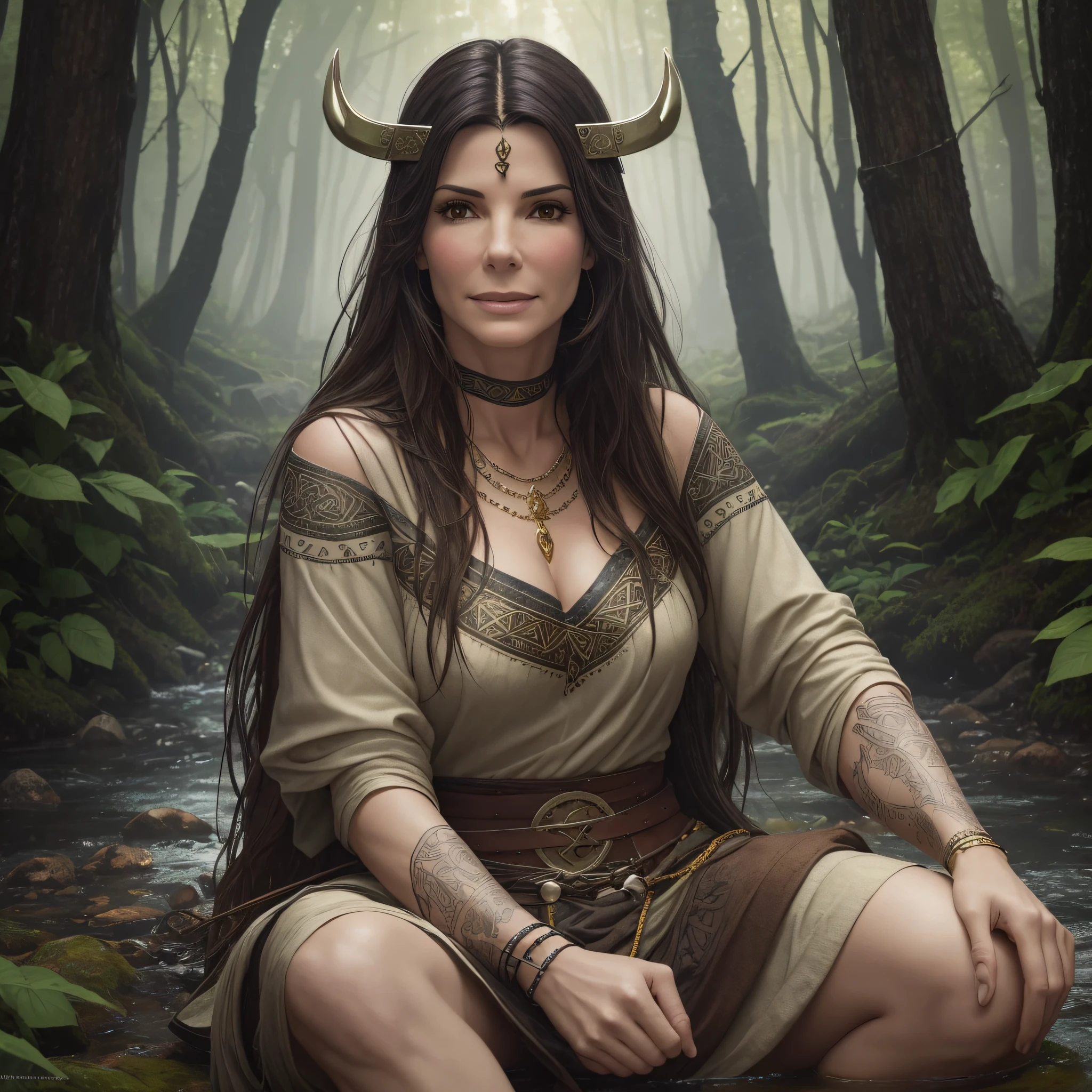 Sandra Bullock is a very beautiful woman, she is smiling and happy, a Viking warrior sitting near a campfire at dawn in the middle of a forest on the edge of a stream, the vegetation is green and the lights pass through the leaves of the trees, a soft mist covers the environment, white and gold clothes and black details,  Celtic tattoos for the body. colorful, two-dimensional --auto --s2