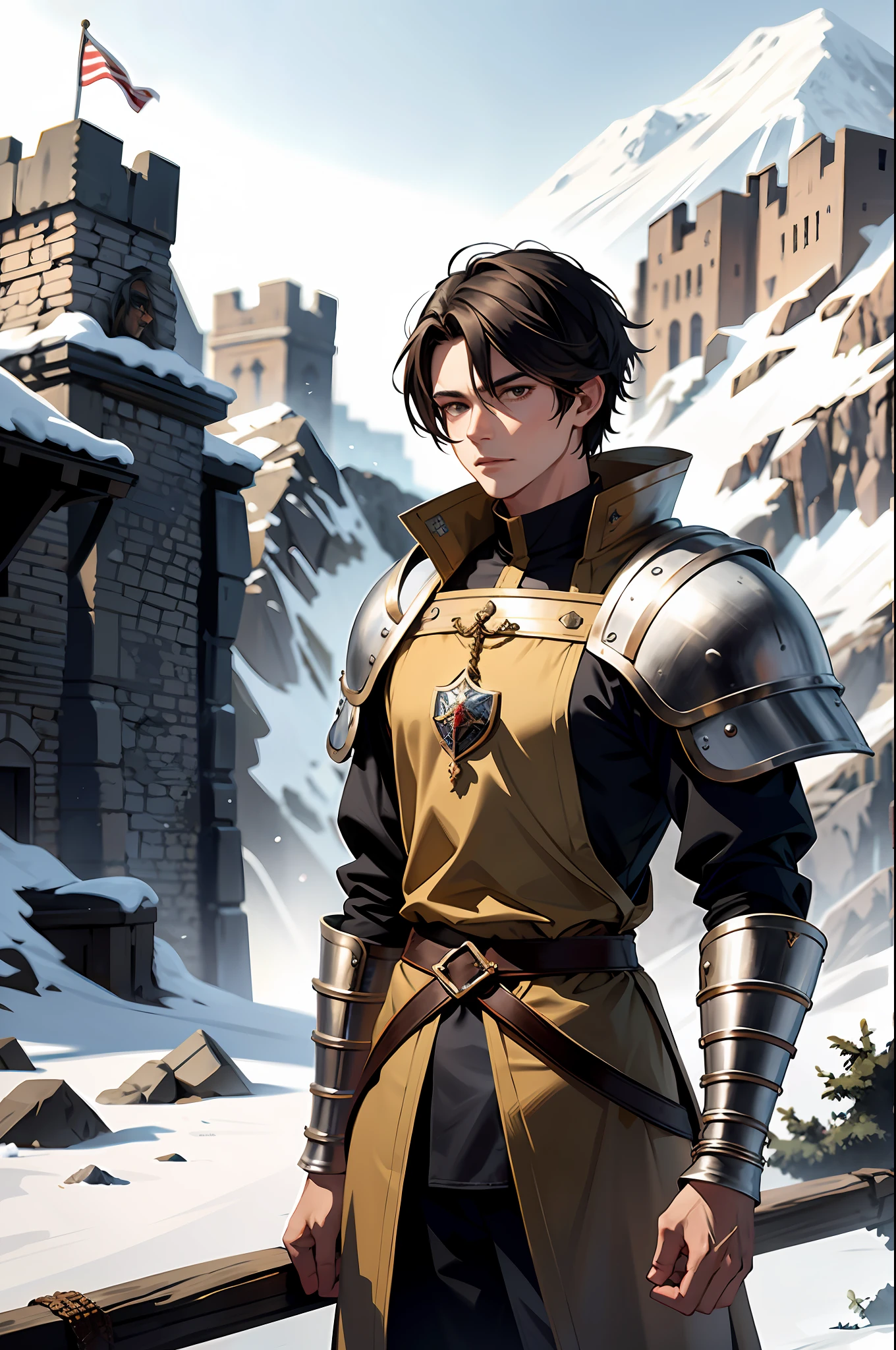 a young man with medium hair at the height of his neck wearing a medieval battle costume as the costume of a fighter, in the background a fortress on an icy mountain