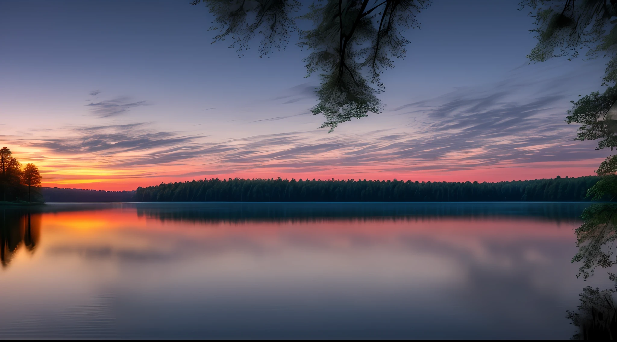 Wallpaper, summer, lake, dawn, forest, clouds, dawn background, depth of field, HD detail, hyperdetail, cinematic, soft light, deep field focus bokeh, ray tracing, diffuse (ultra-fine glass reflection) and realism. --v6
