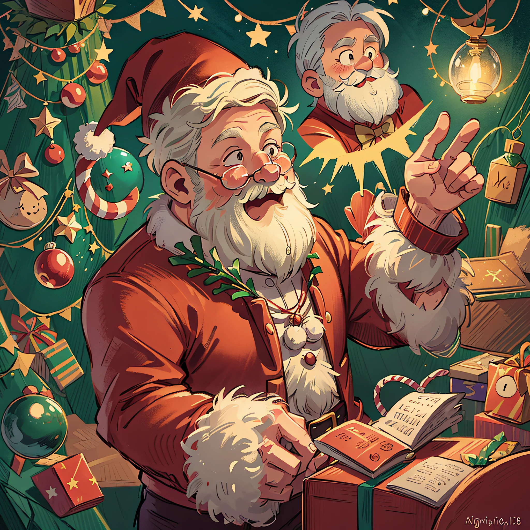A Santa Claus who is giving presents, night, cartoon illustration style, vintage tones, Christmas tree