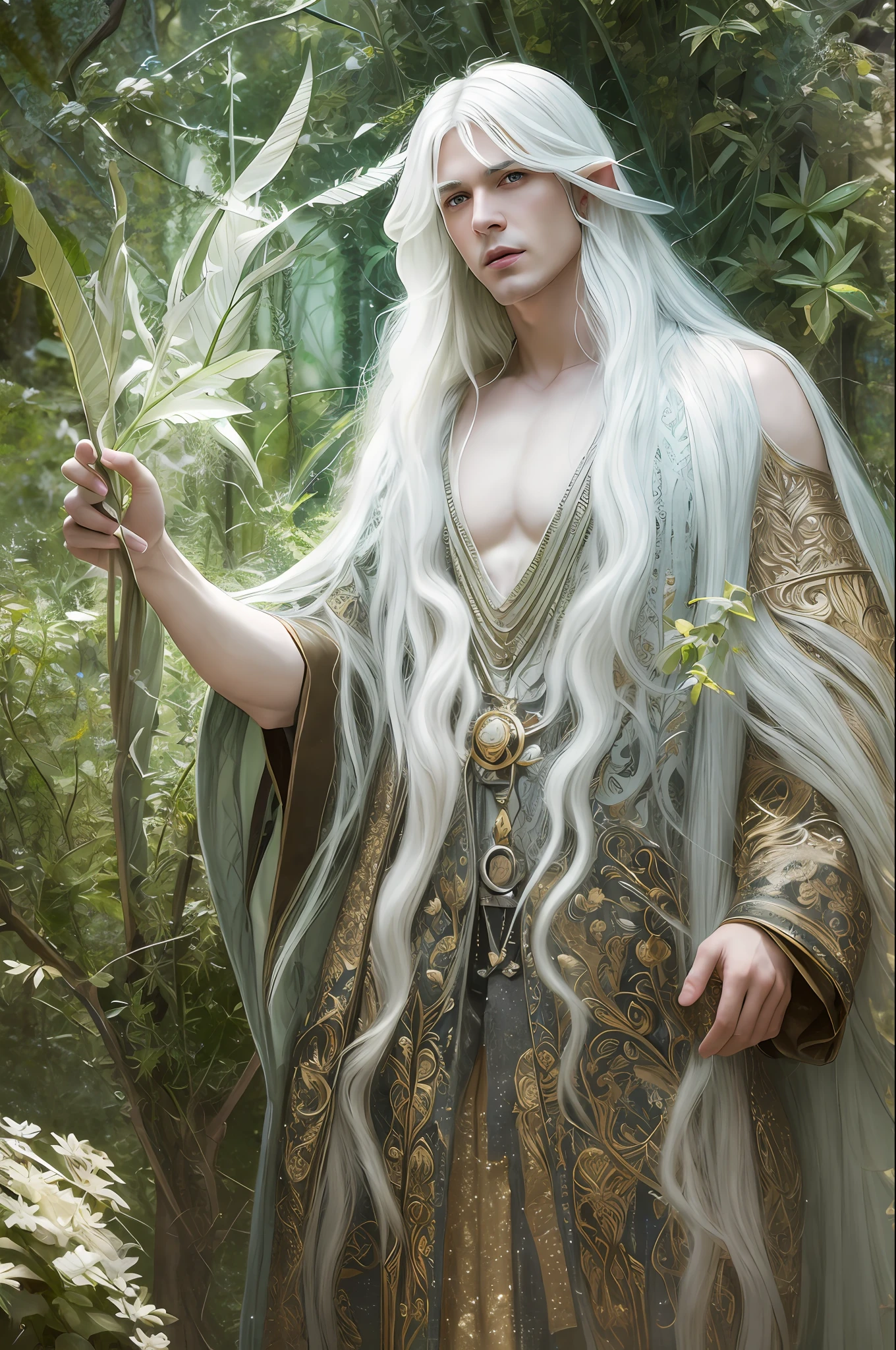 Handsome elven king with long white hair, handsome young sidhe man, clean-shaven, no beard, Mikhail Vrubel, mystical occultism, high detail, detailed, three-dimensional light, art station, concept art, smooth, sharp focus, octane rendering, Pre-Raphaelites, oil paints