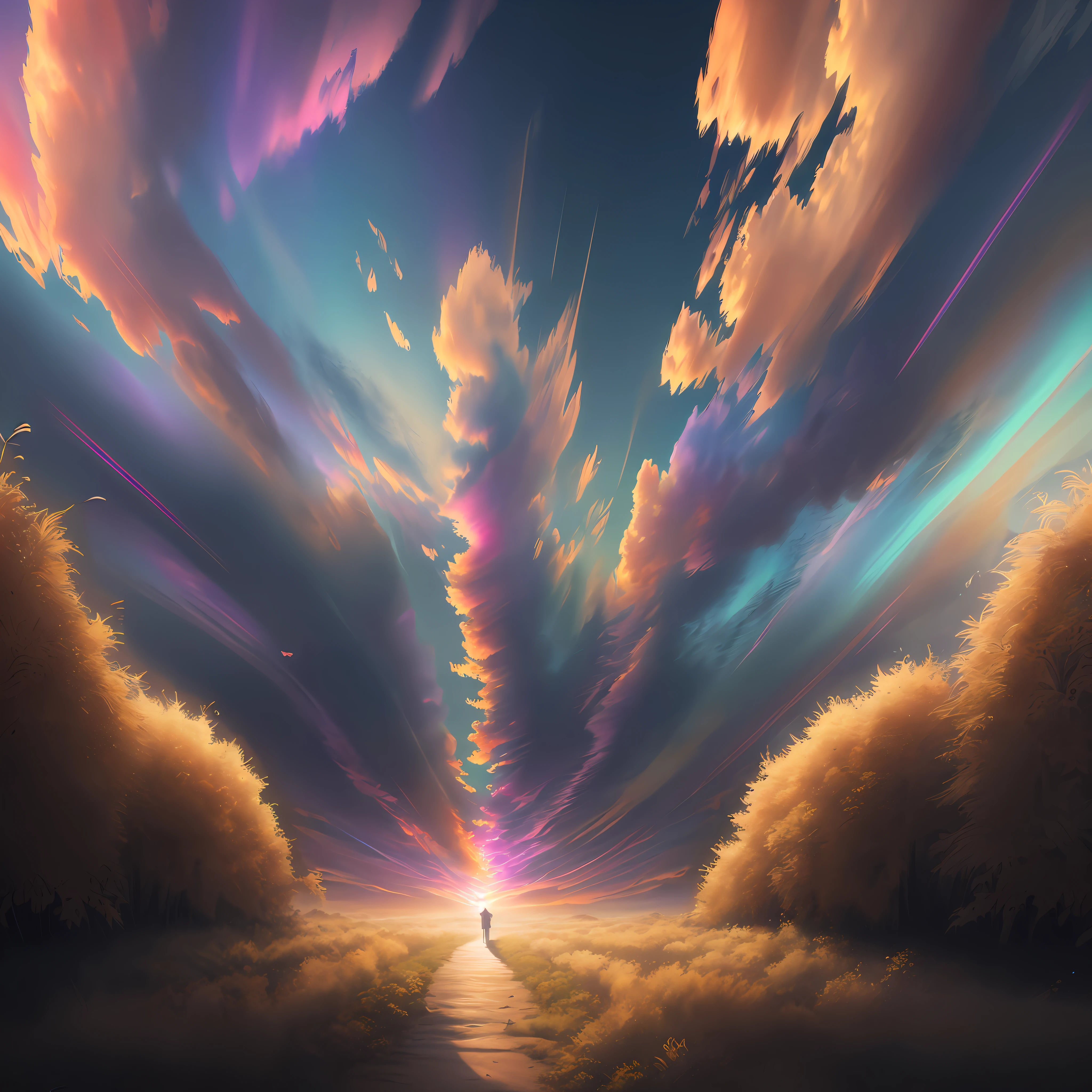 Vibrant colored sky, hyper-detailed technical precision, light, dark, wind breeze appearances, light rays, high resolution, high details, detailed colors, realistic and natural, HDR, scene art, realistic surrealism, detailed textures, high quality, lsd , dmt, 8k