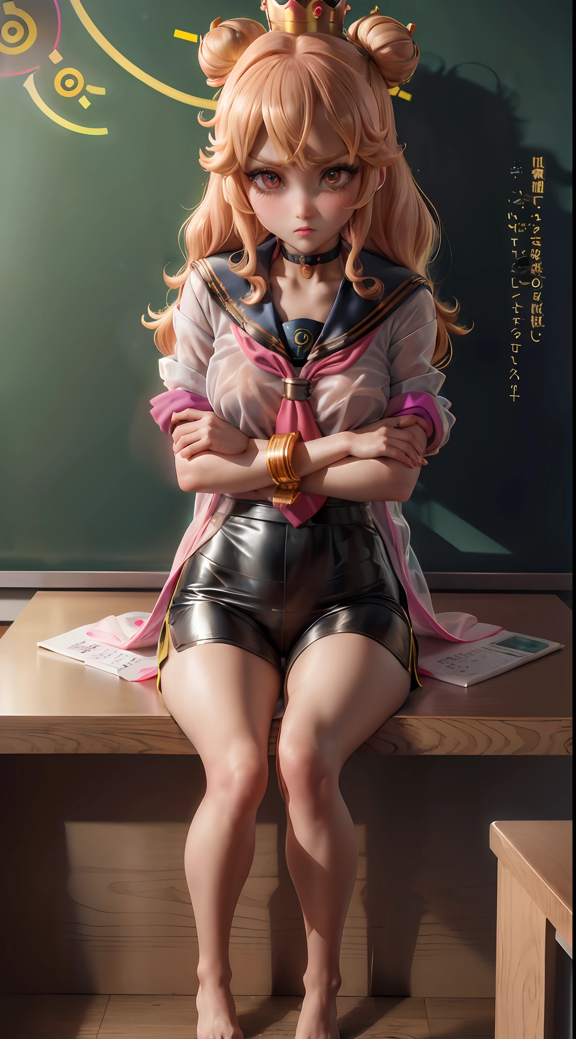 masterpiece, best quality, official art, extremely detailed CG unity 8k wallpaper, highly detailed, absurdres, 8k resolution, Panorama, full body, exquisite facial features, prefect face, shiny skin, goddess, solo, ((((teacher)))), (((heart-shaped pupils))), (blush), ((hubrael)), (nervous), ((smug)), ((thinking)), ((raised eyebrow)), (frown), long hair, (((rainbow-like hair))), ((crossed bang)), (((high ponytail))), (single side bun), (((heart hair ornament))), (((choker))), (((bussiness suit))), ((transparent clothes)), ((black leggings)), (((short shorts))), (wet clothes), (((skirt lift))), ((holding book)), ((hugging own legs)), (sitting), (((standing))), ((crucifixion)), (((indoor))), ((((classroom)))), ((magazine scan)), (((album cover))), (((4koma))), ((((art nouveau)))), macro lens, (((gyaru))), (((ojousama))), ((agent)), ((actress)), (((mini crown))), (((see-through jacket))), (((T-shirt))), ((((sailor shirt)))), (((white shirt))), ((((ASCII art)))), (((Tyndall effect)))