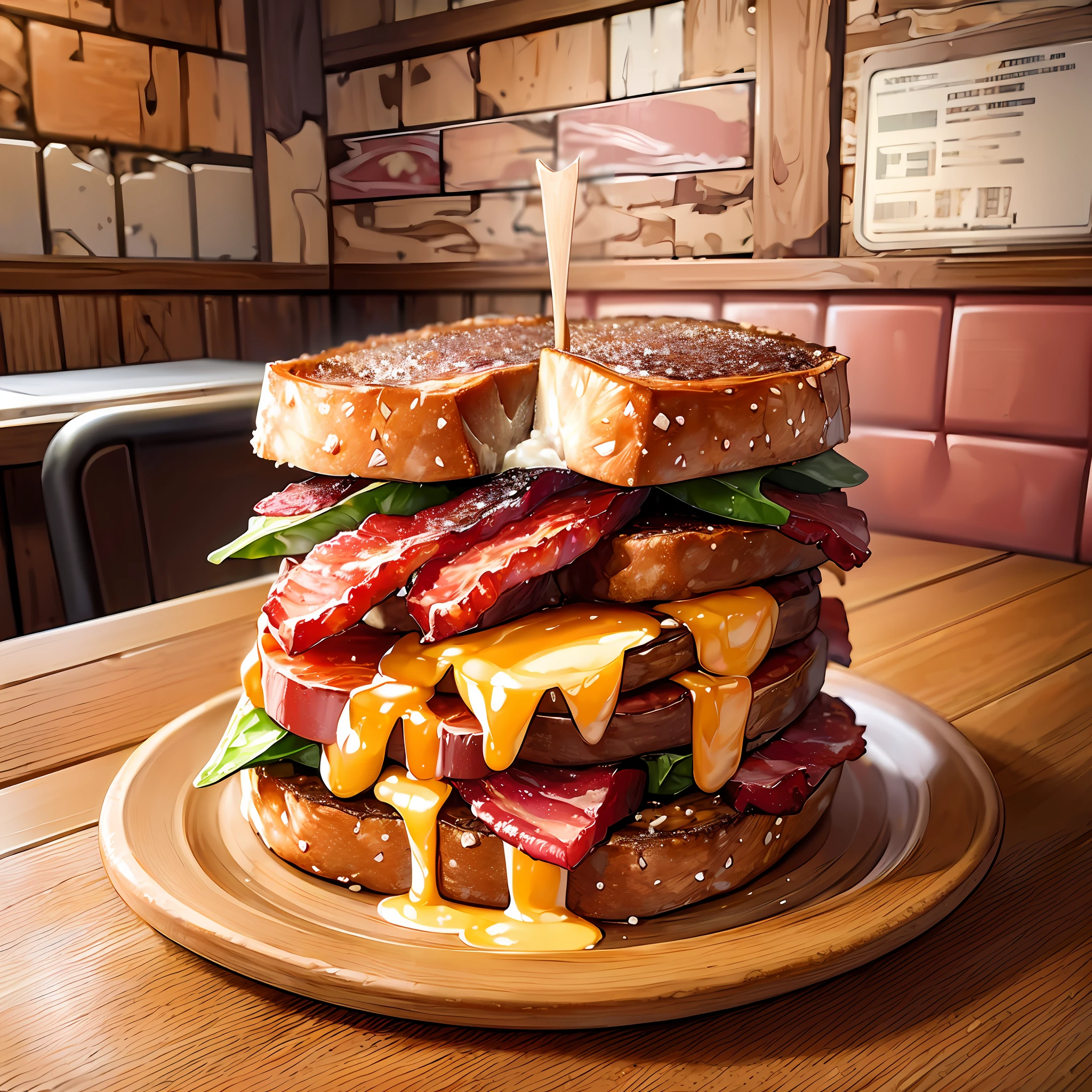 (masterpiece),(rustic diner background),a scrumptious BLT sandwich with extra crispy bacon, seed bread,(pepper jack cheese+bacon:1.3),(intricate and hyper-detailed:1.15),HDR,anime style.