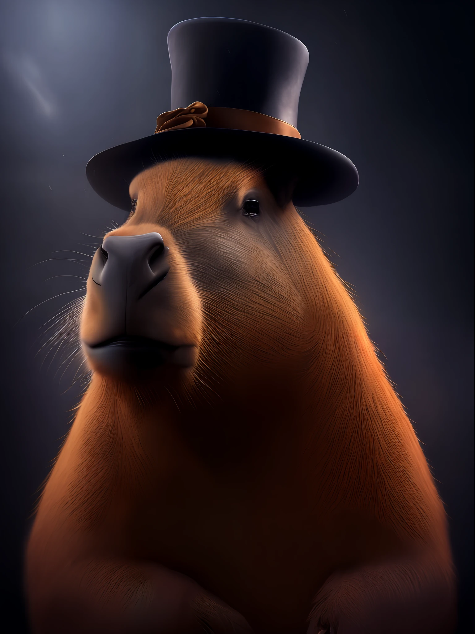 barao capybara, hyper realistic, highly detailed, sharp focus, professional, 8k UHD, cinematic, dark, violent, png background, dramatic, vivid, nervous vibe, epic, twilight, HDR, album cover, blizzard, lightning, cataclysmic, wearing top hat on head