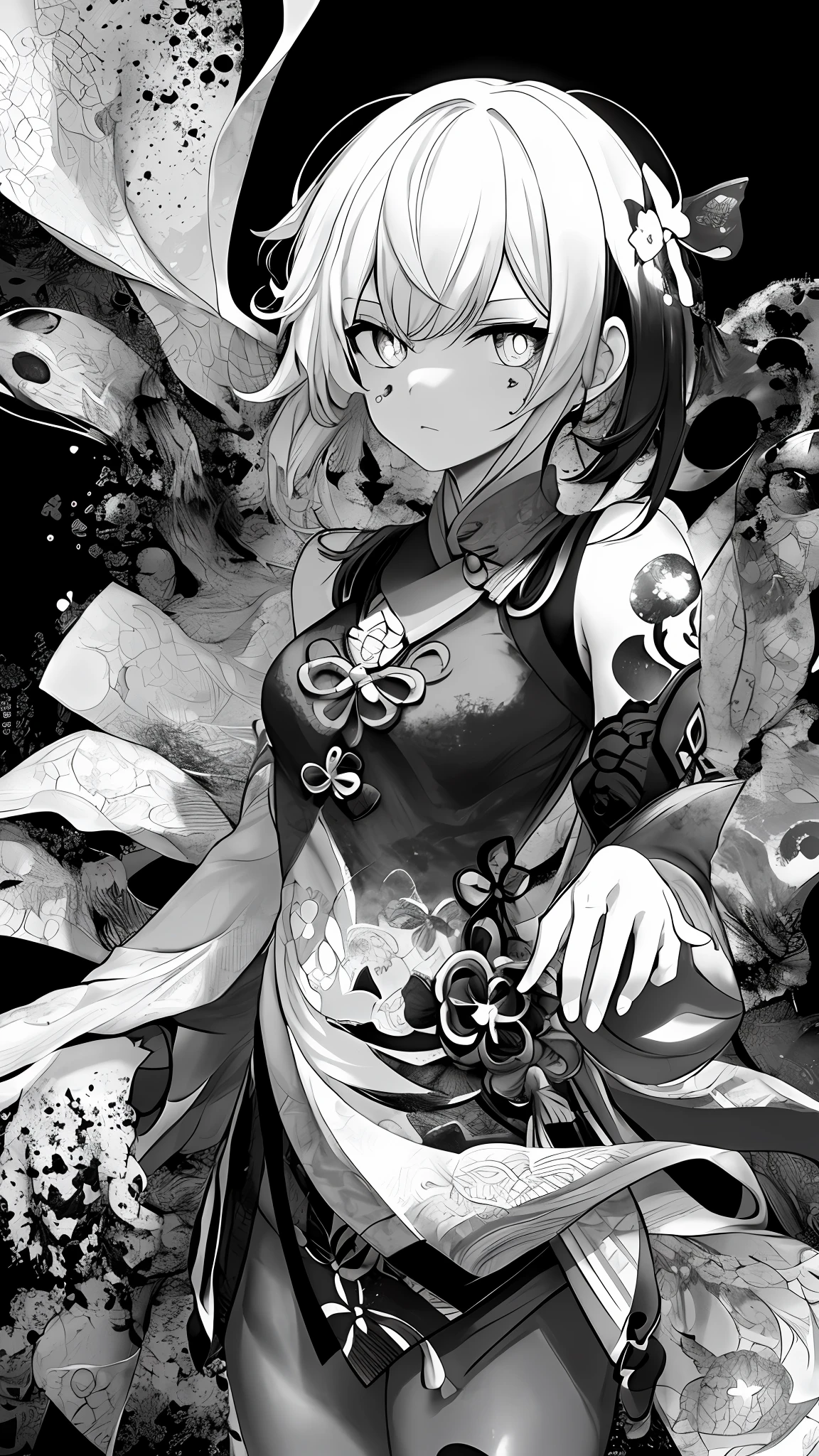 {{{{masterpiece}}}}, {{{hyper detailed}}}, {{{highres}}}, {{good anatomy}}, (((best quality))), ((an extremely delicate and beautiful)), {{an extremely detailed and delicate}}, {8k cg wallpaper}, {{illustration}}, (greyscale with colored background:1.1), ray tracing, bokeh, black background, (splattered ink:1.3), 1girl, solo, hu tao(genshin impact), boo tao, symbol shaped pupils, hiten1,