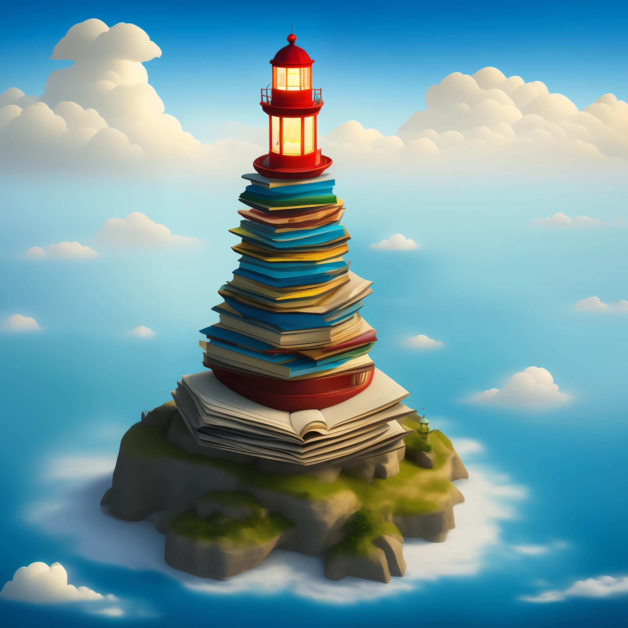 a drawing of a lighthouse on top of a books island in the sea