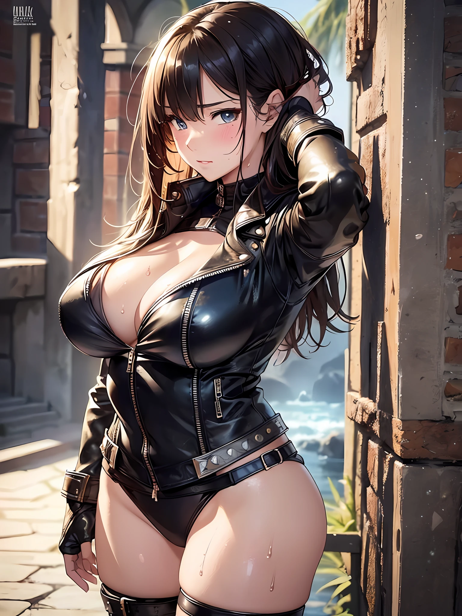 masterpiece, detailed art of beautiful warrior girl, bikini armor, leather jacket, big, shiny skin, wet body, big, huge breasts with presence, blush, sweat, full body, sexy,