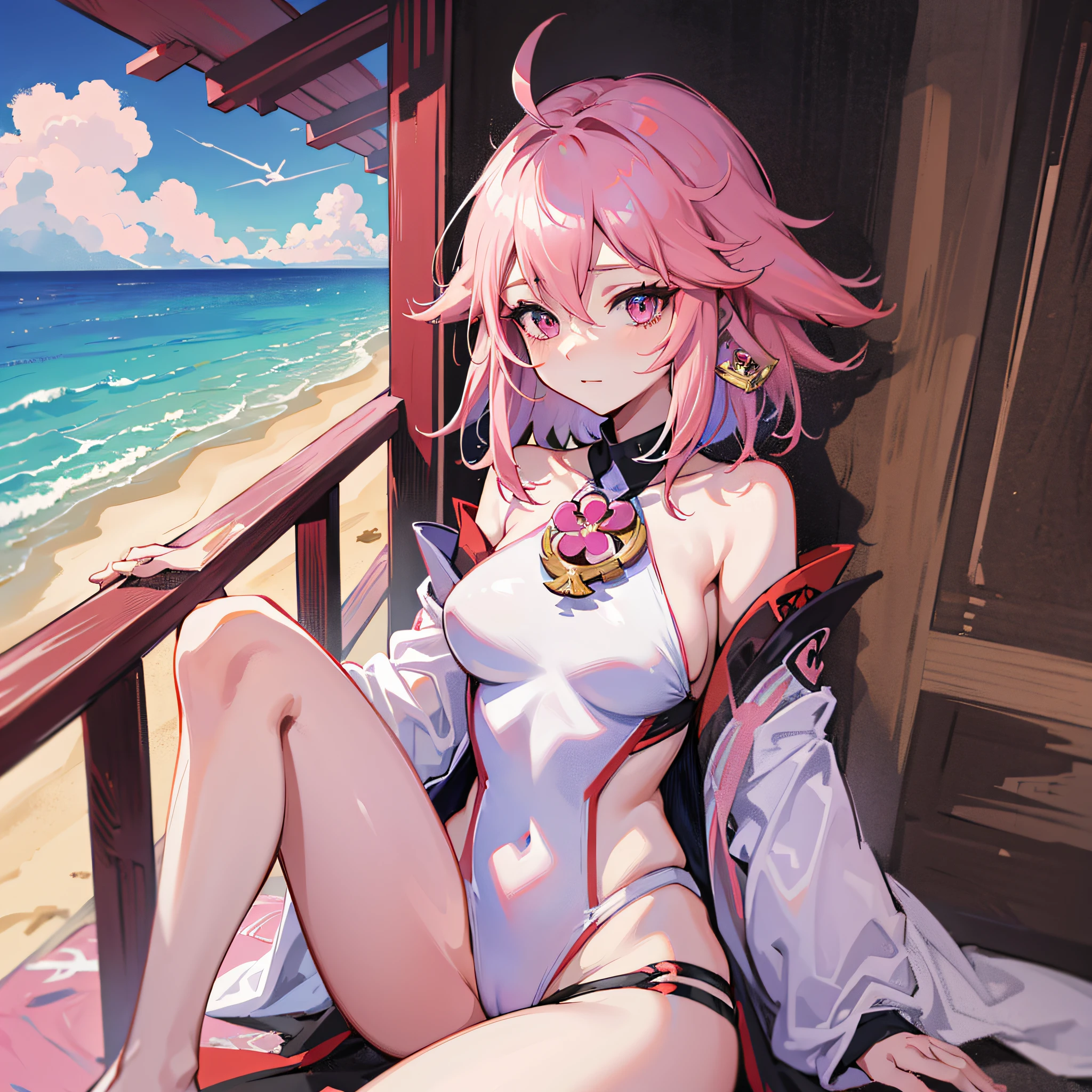 Yae miko 1girl, solo, heart, vulominous body, thight white leotard swimsuit ,beach, dawn, pink hair