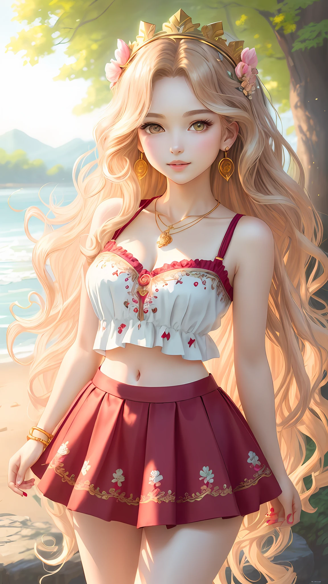 (masterpiece:1.4), (best quality:1.4), illustration, anime drawing style, 1gril, solo, ((Gold wavy hair)), flowers crown, very long hair, bright stunning eyes, collarbone, upper body, slim body, shiny skin, detailed face, natural make up, Pink lips, parted lips, upper teeth, cleavage, small breasts, (cute embroidered top, pleated skirt), red nails, necklace, earrings, looking at viewer, professional light, sunny, glowing, nature in background