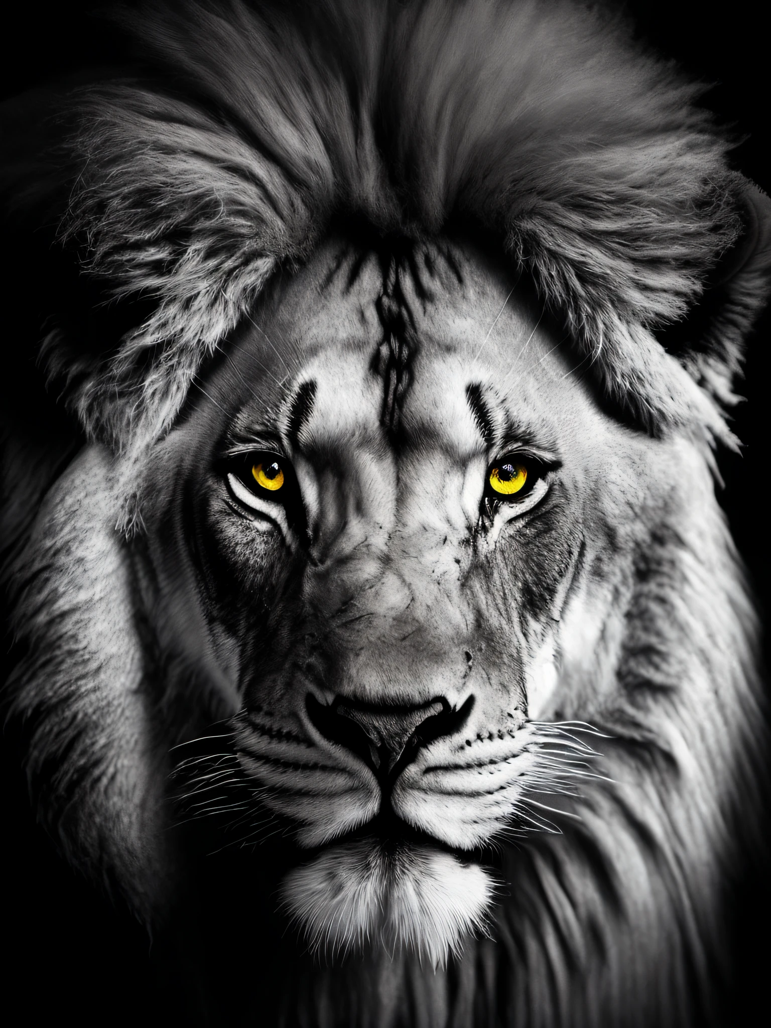 Award-winning photographic portrait of a lion ((((((black and white)))), yellow eye ((((((bright background)))), studio lighting, ((((((strong edge light))))) close-up portrait