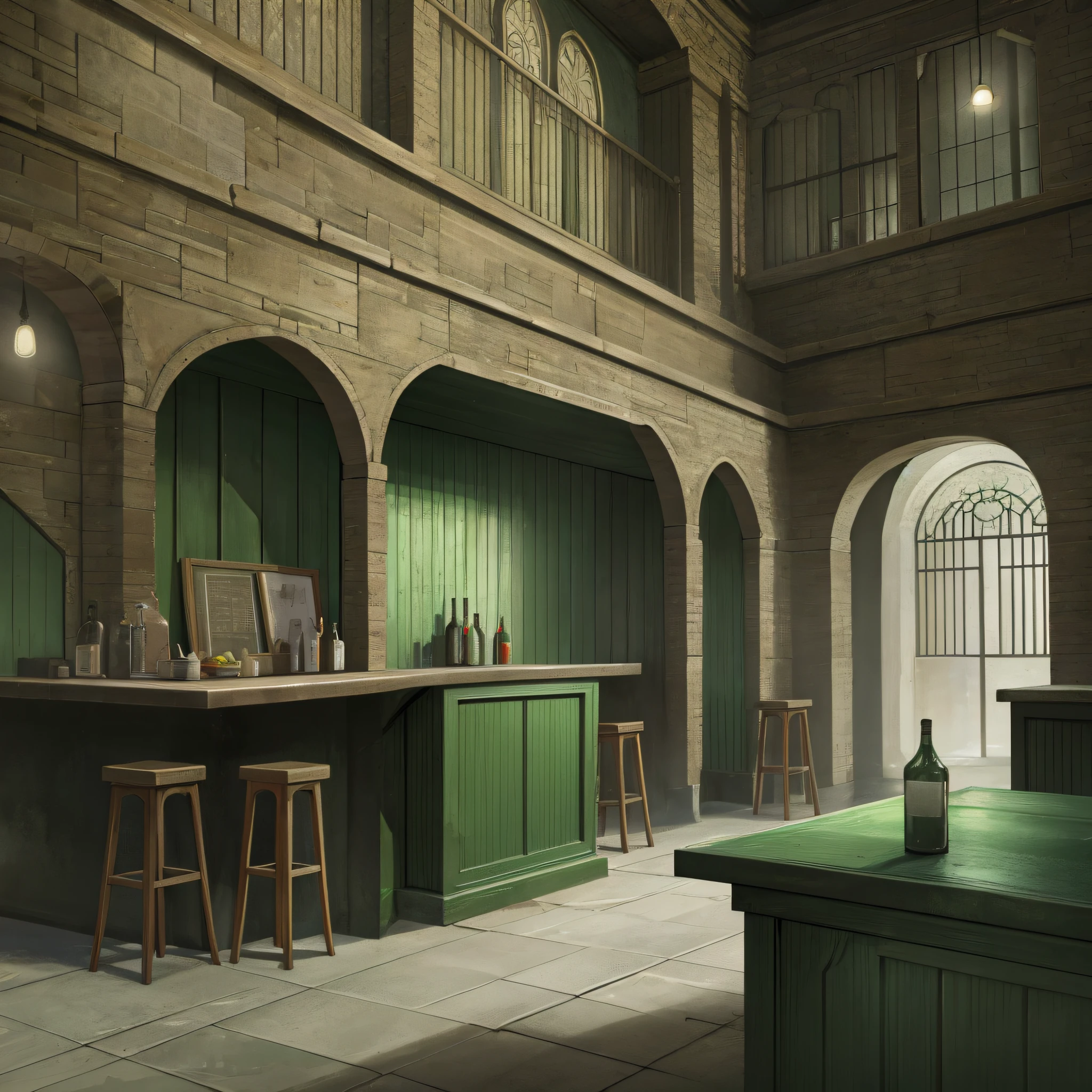 Hyperrealistic full bar environment scene, set in the year 1637, no people in the scene, only architecture of the time, green