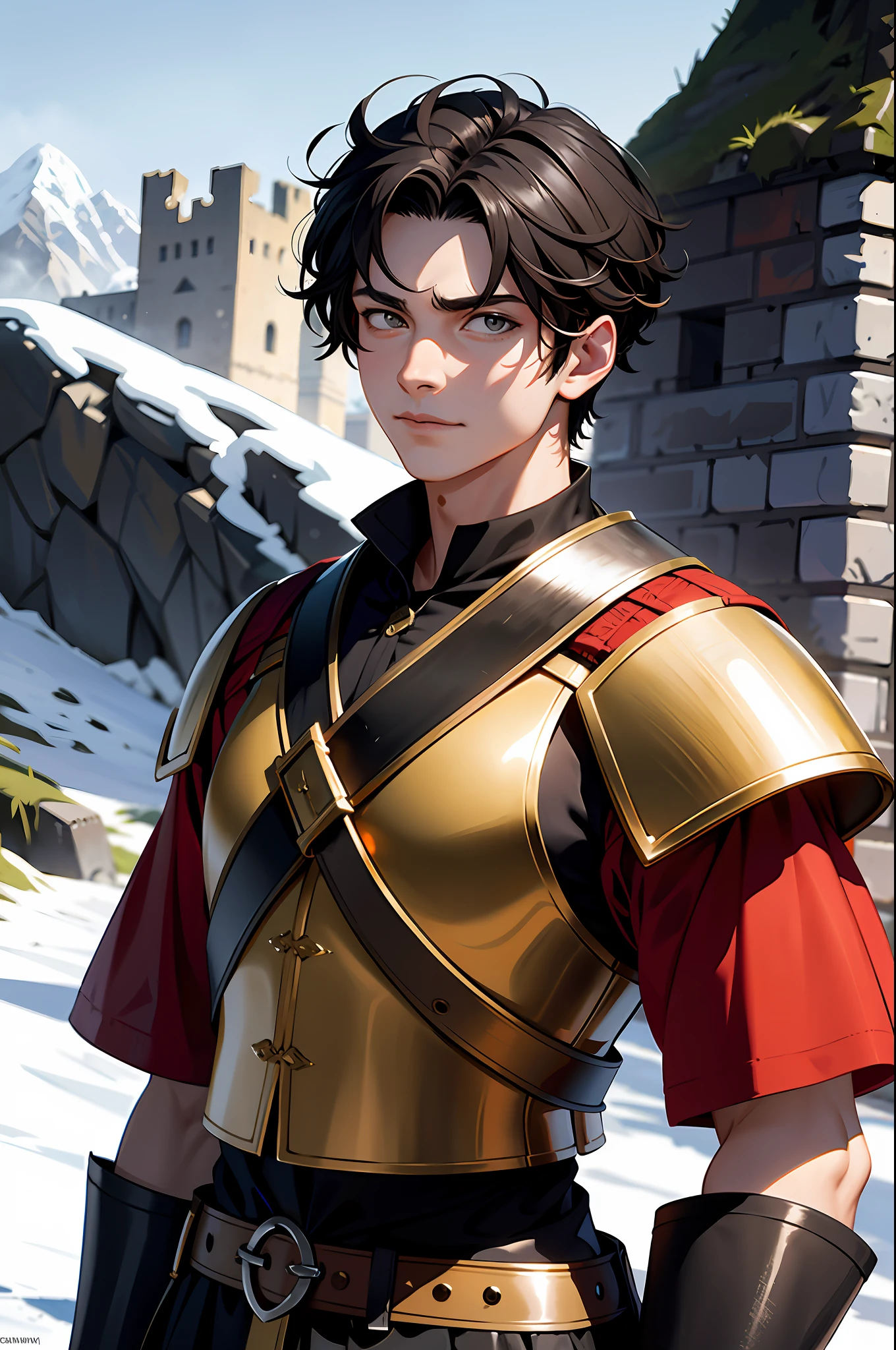 a young man with medium hair at the height of his neck wearing a medieval battle costume as the costume of a fighter, in the background a fortress on an icy mountain